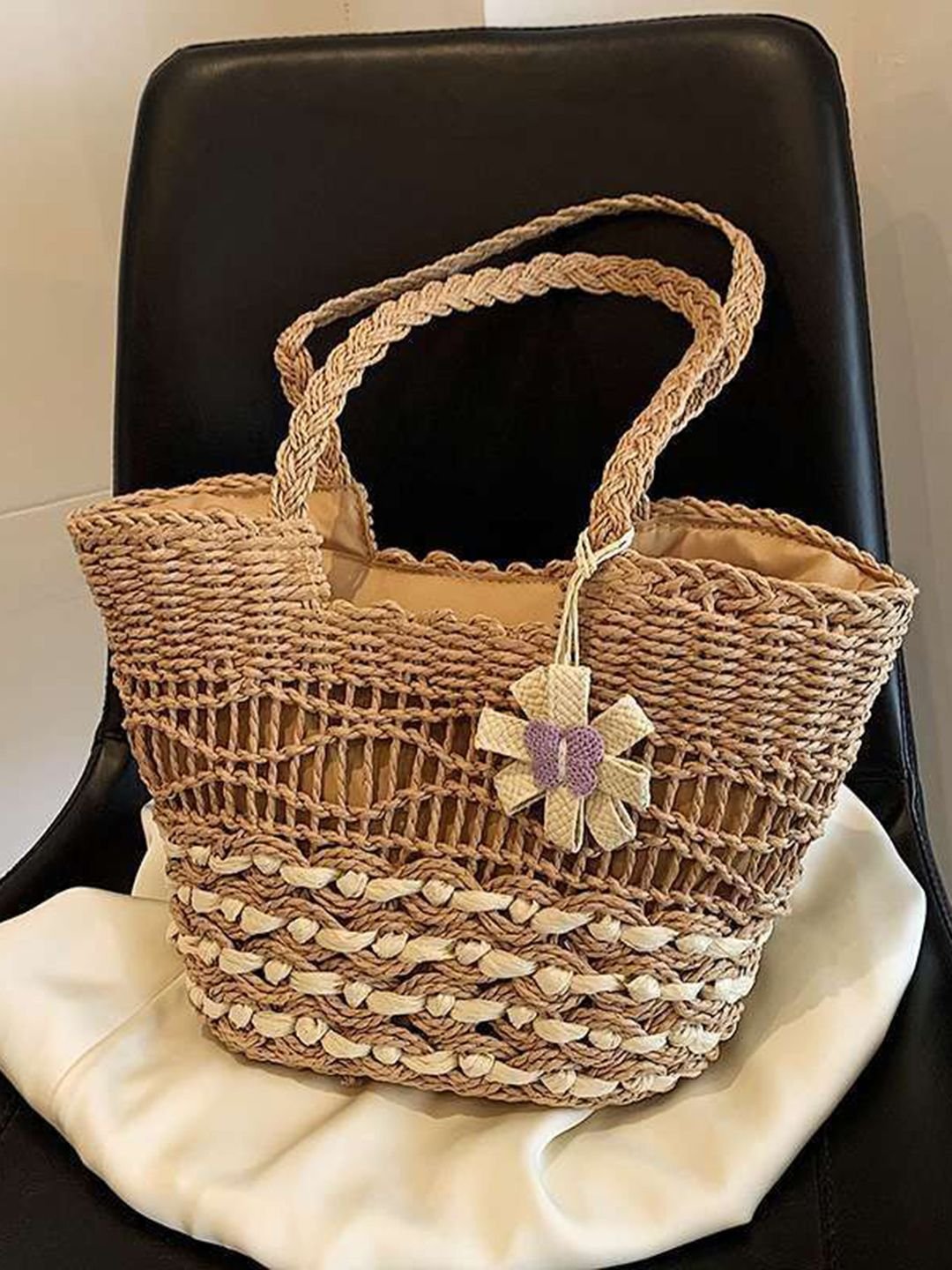 Tan Woven Straw Tote Bag with Flower Charm