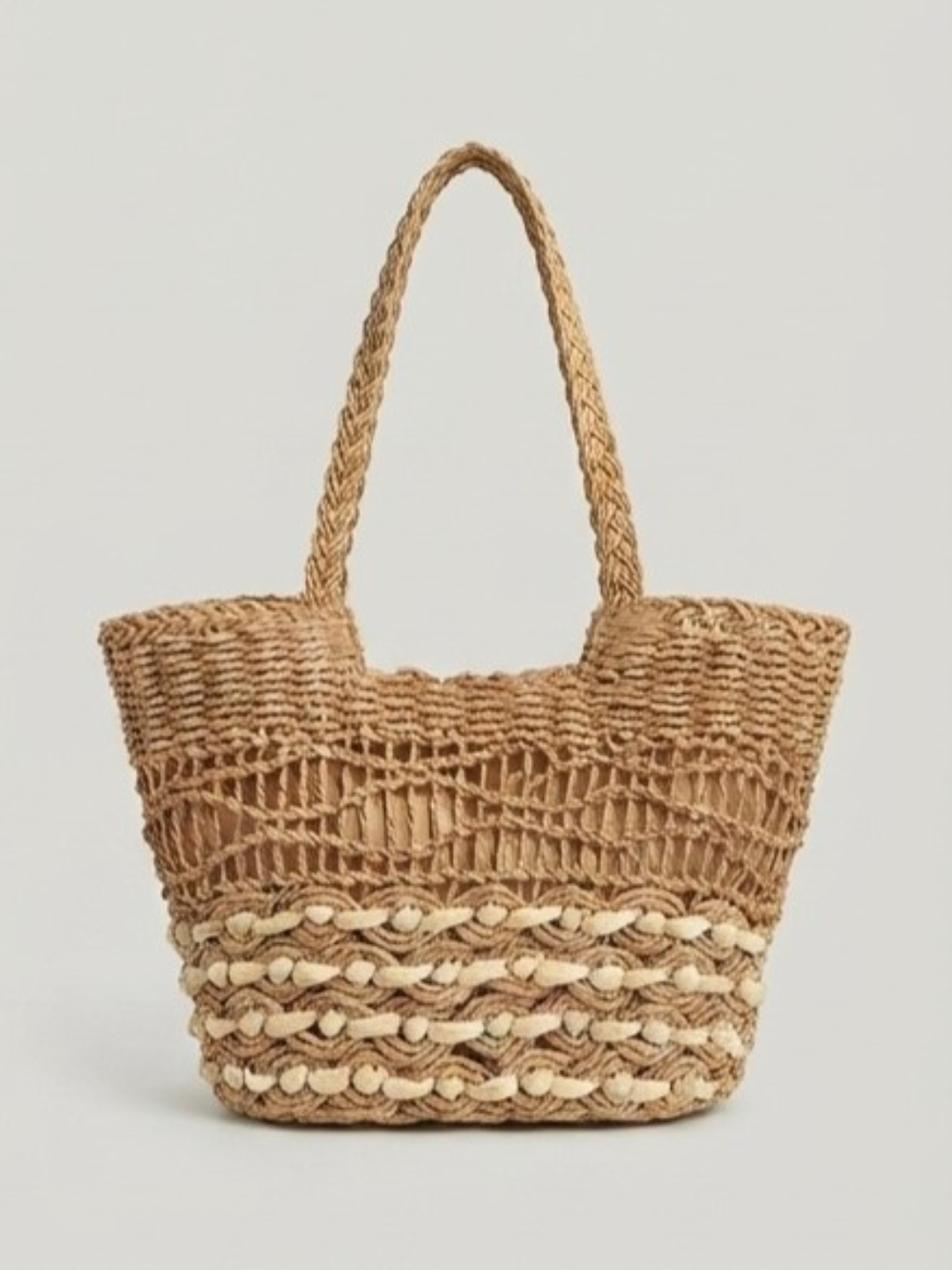 Tan Woven Straw Tote Bag with Flower Charm