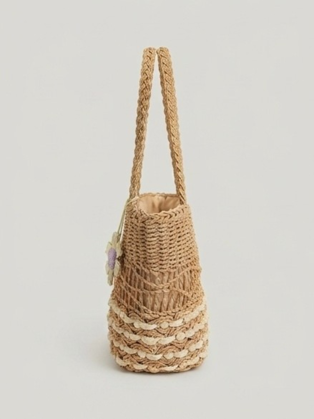 Tan Woven Straw Tote Bag with Flower Charm
