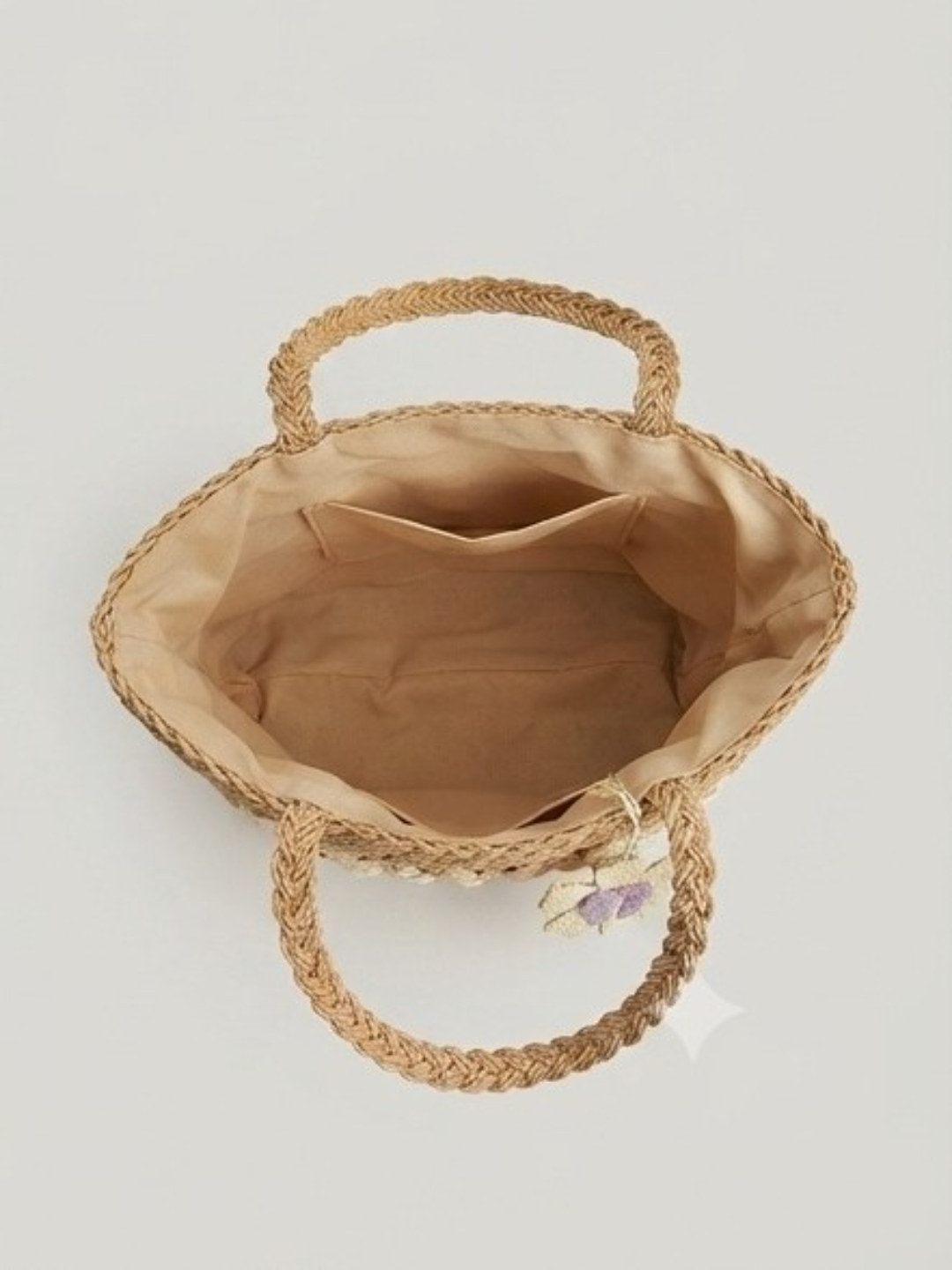 Tan Woven Straw Tote Bag with Flower Charm