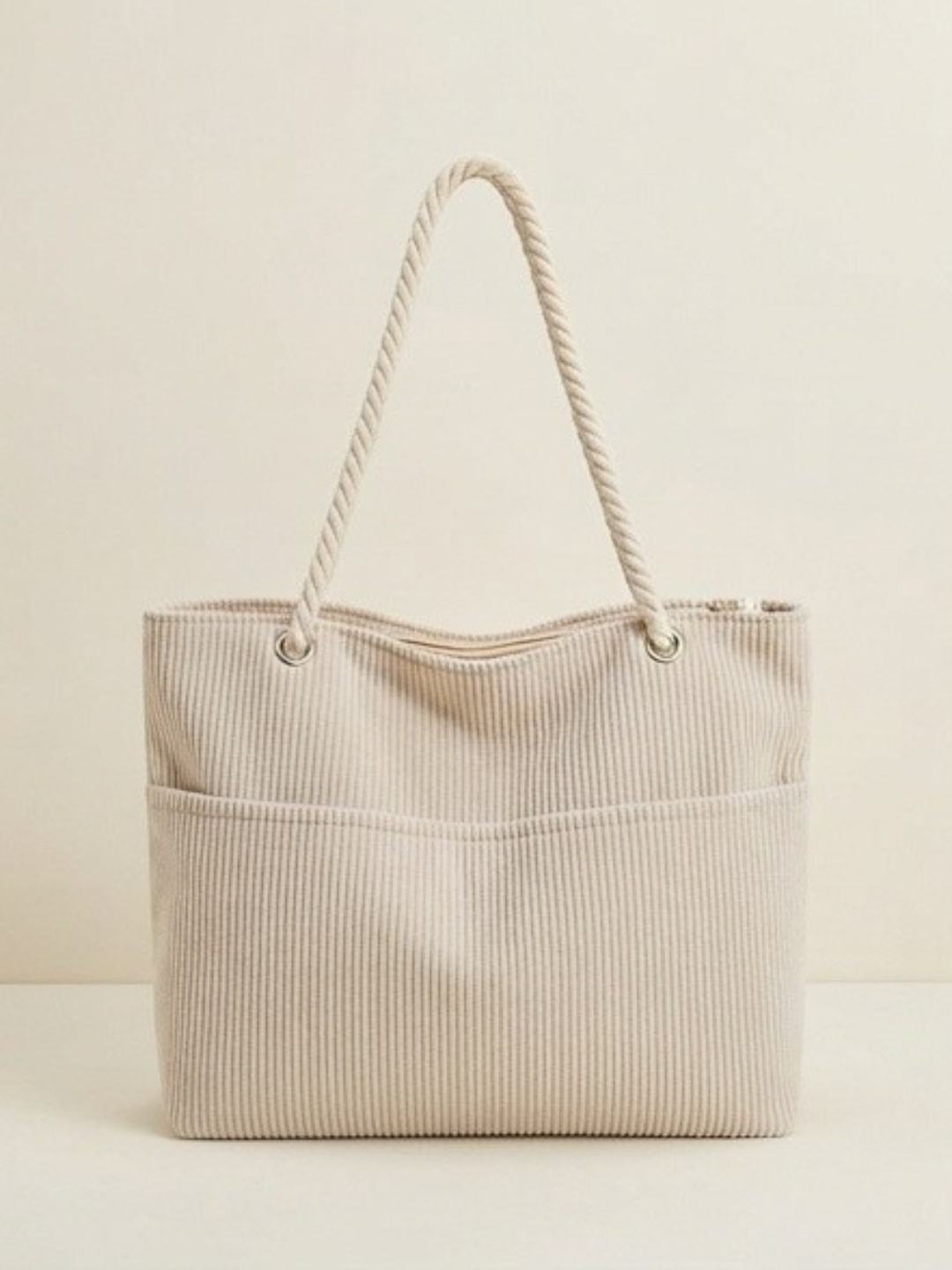 Off-White Corduroy Tote Bag with Rope Handles