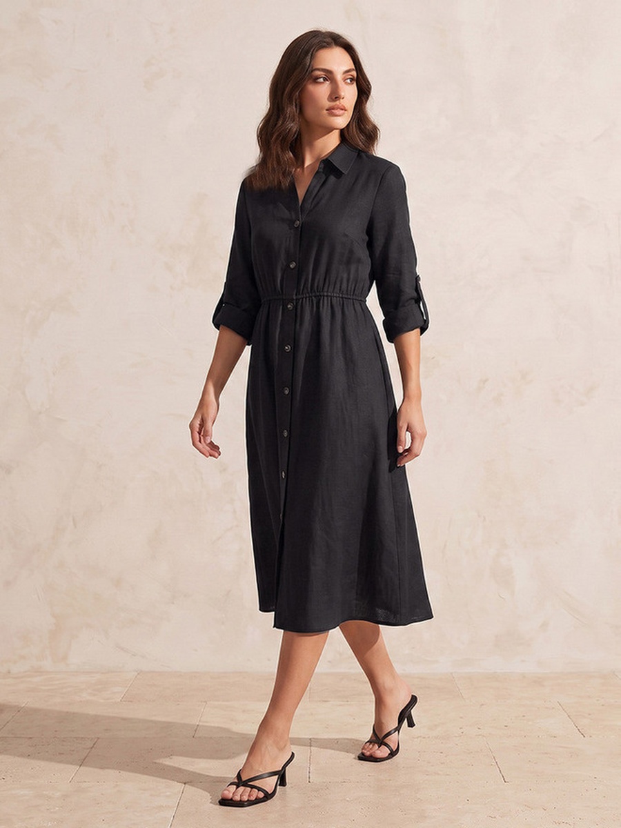 Linen Midi Shirt Dress with Roll-Up Sleeves