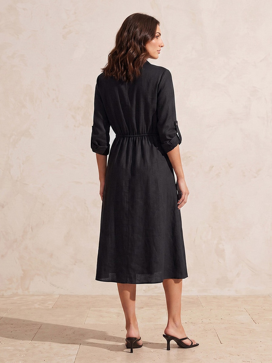 Linen Midi Shirt Dress with Roll-Up Sleeves
