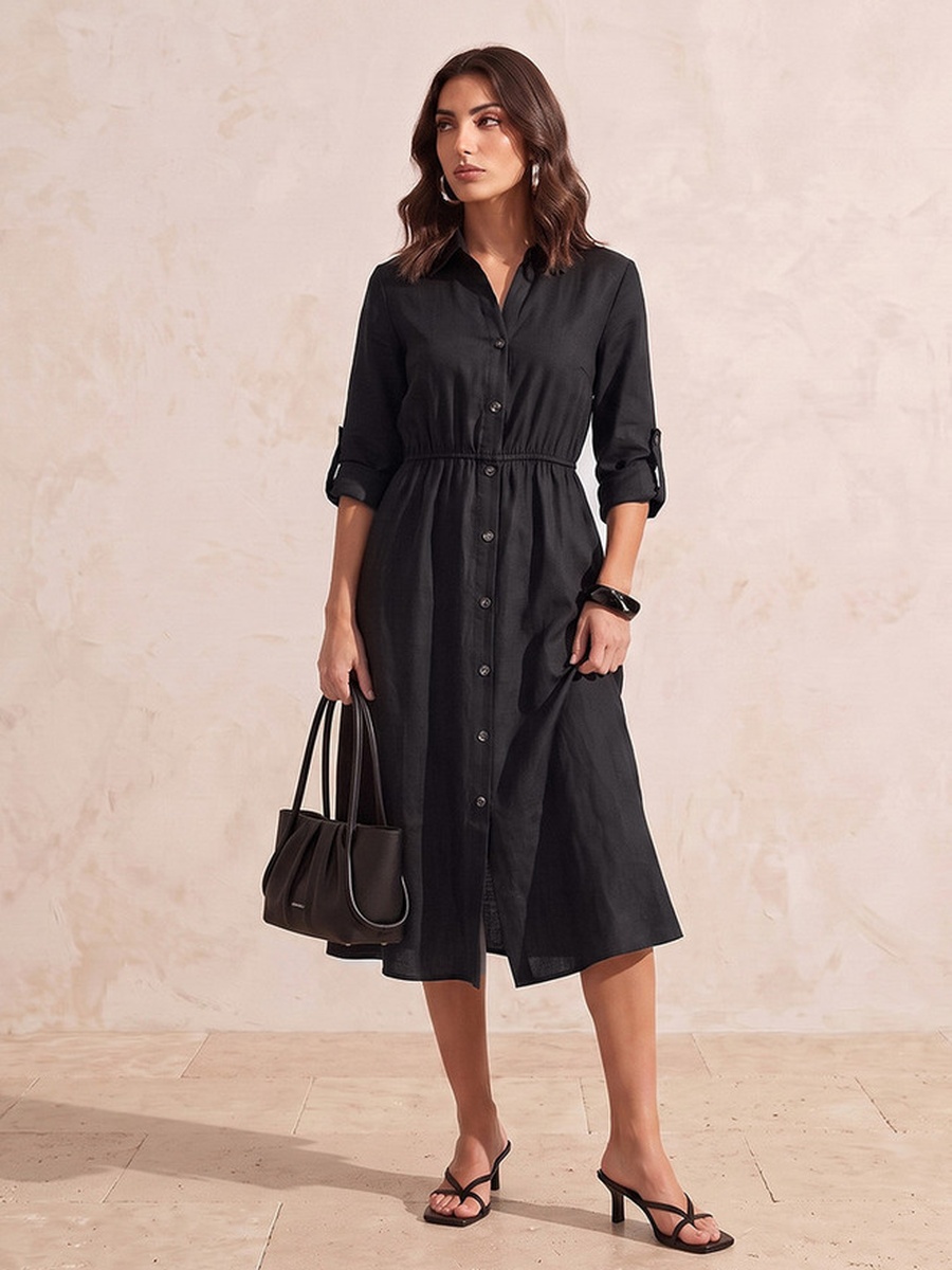 Linen Midi Shirt Dress with Roll-Up Sleeves