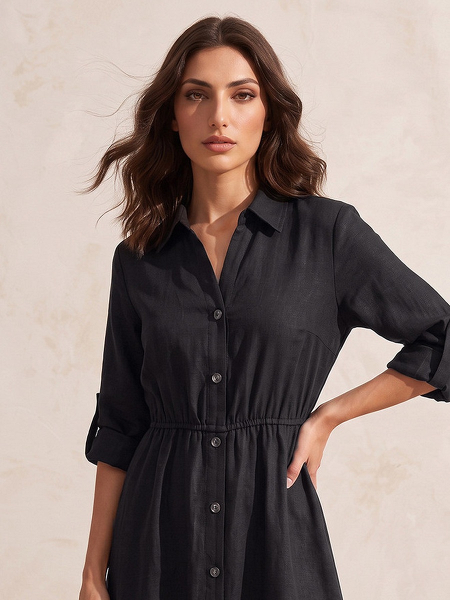 Linen Midi Shirt Dress with Roll-Up Sleeves
