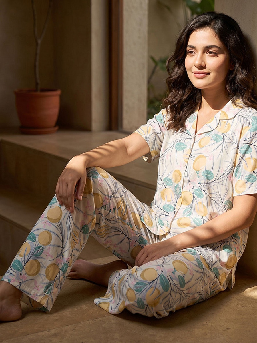 Viscose Lemon Print Shirt and Pyjama Set