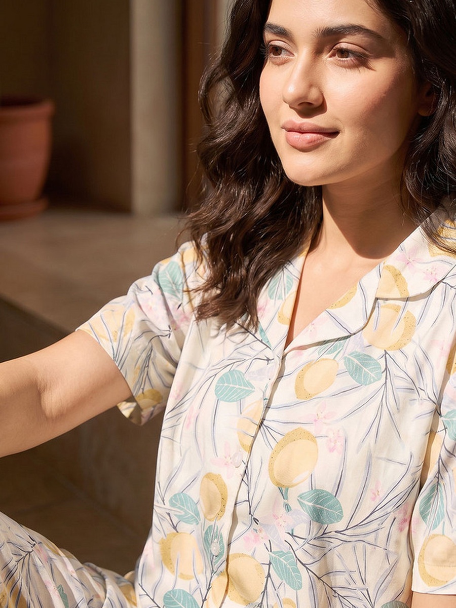 Viscose Lemon Print Shirt and Pyjama Set