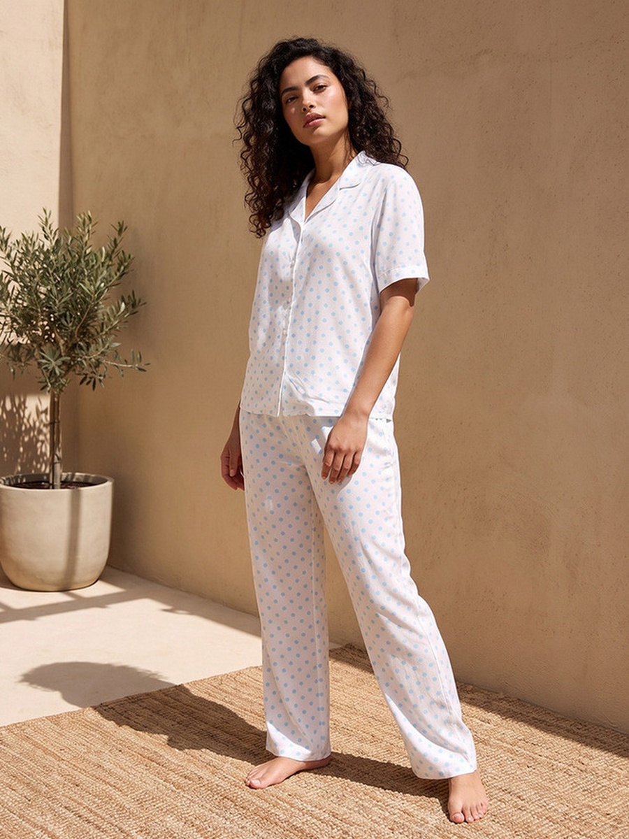 Viscose Polka Dot Print Shirt and Pyjama Set