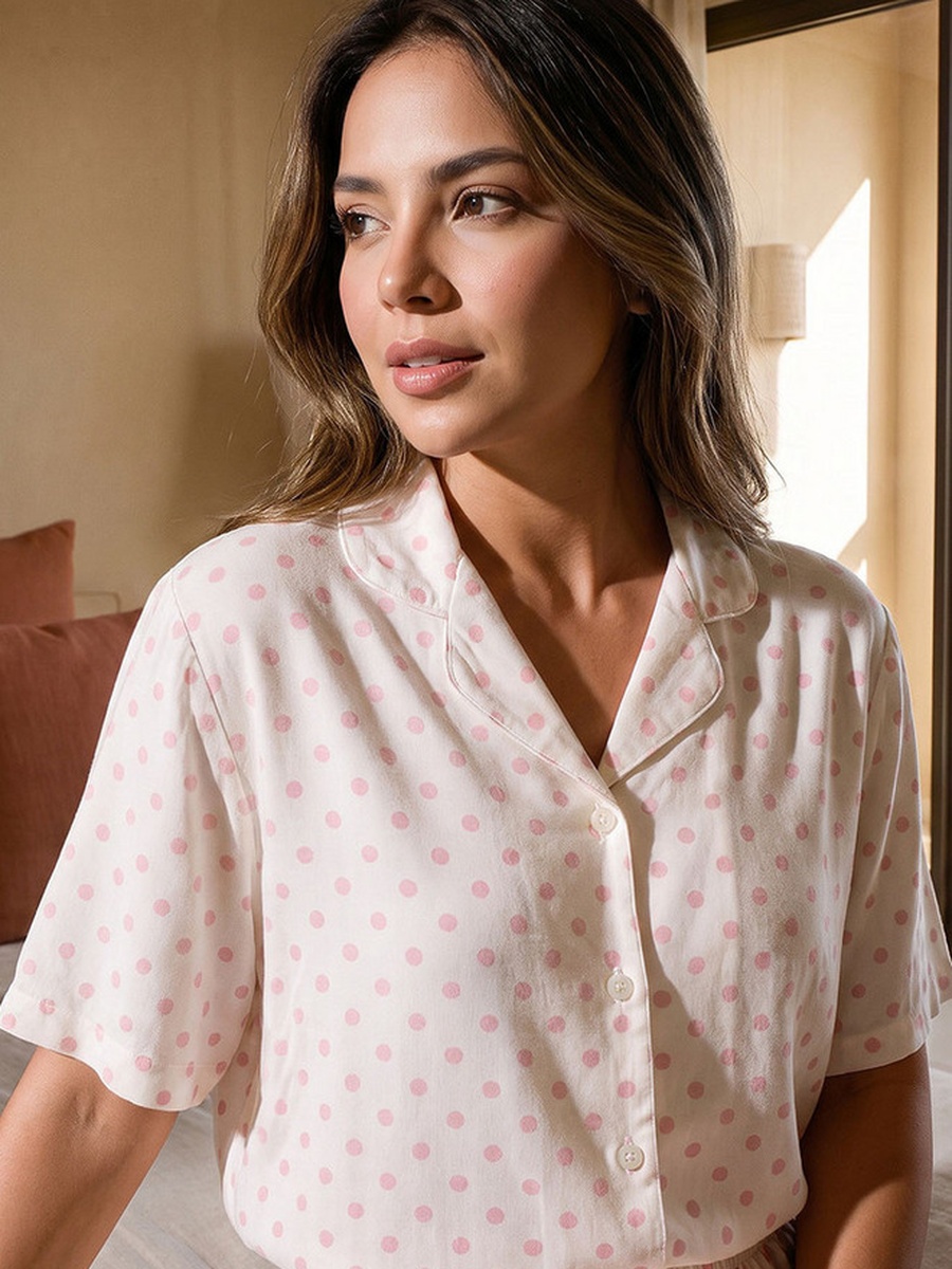 Viscose Polka Dot Print Shirt and Pyjama Set