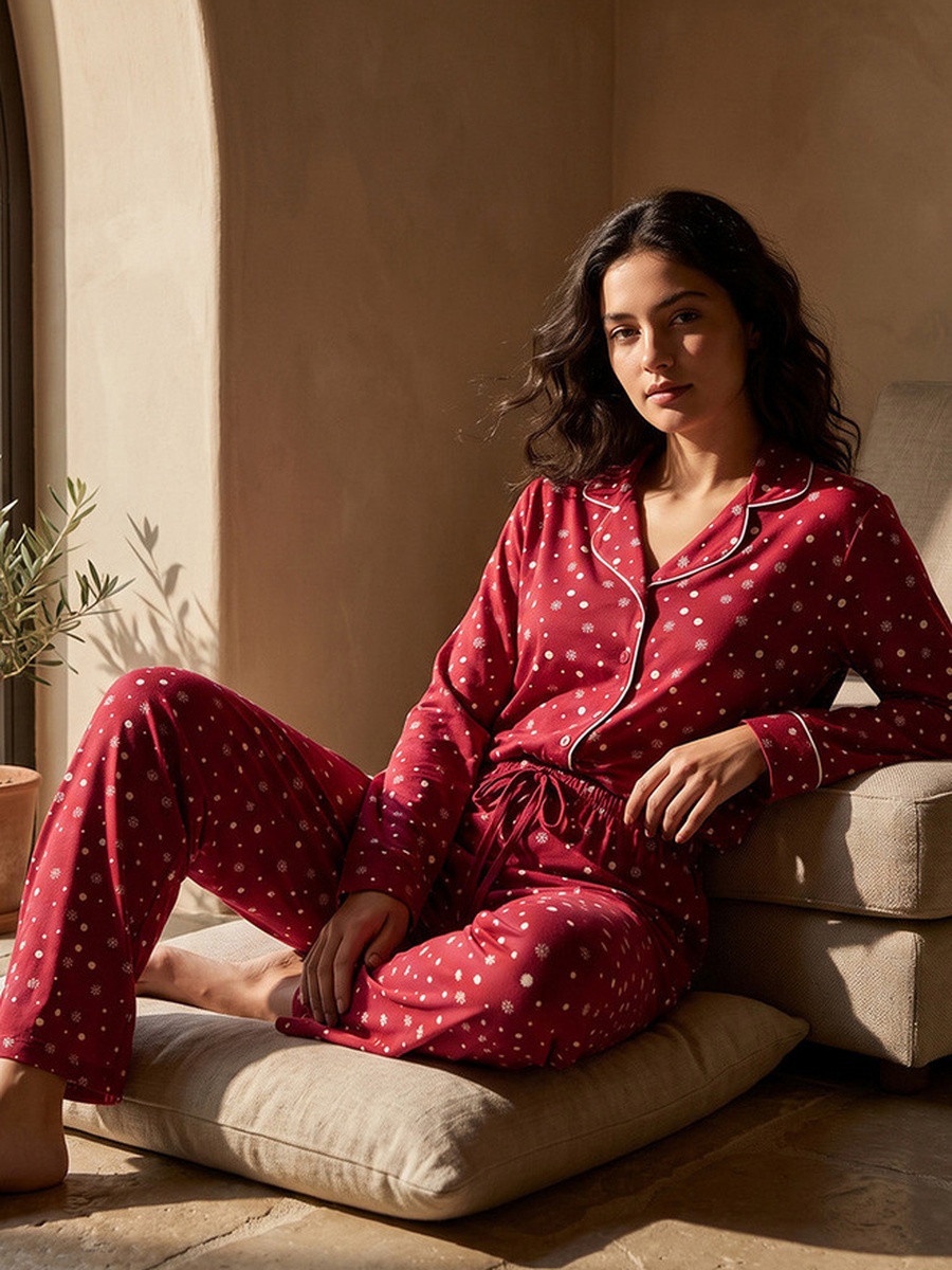 Printed Button-Down Shirt and Pyjamas Set