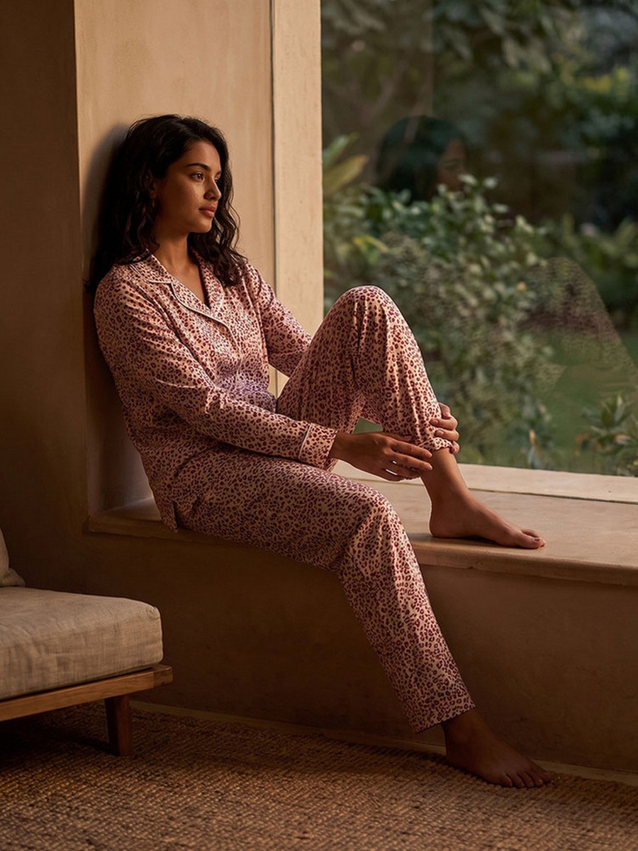 Animal Print Button-Down Shirt and Pyjamas Set