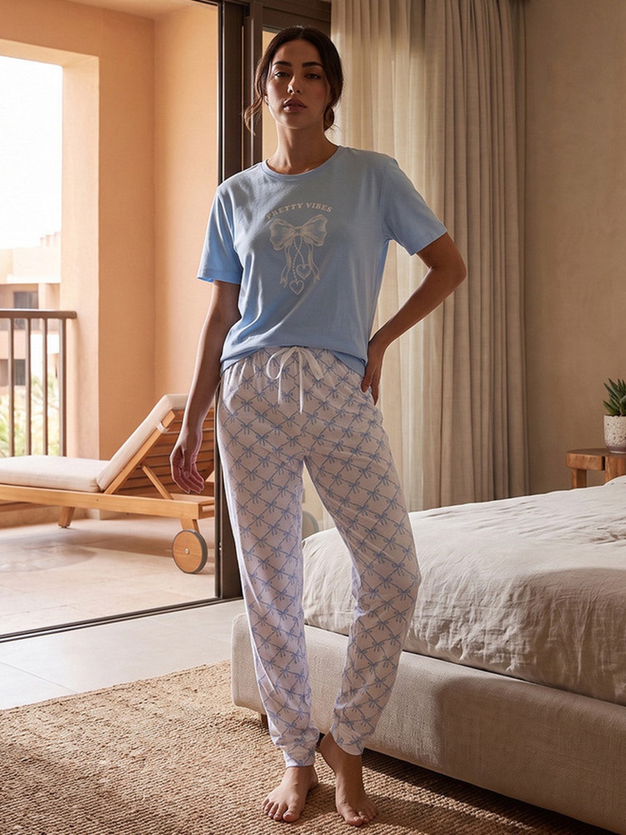 Printed Crew Neck T-Shirt and Pyjamas Set