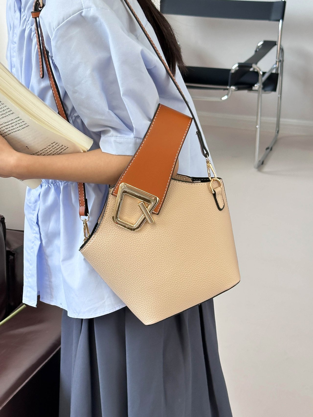 Khaki Crossbody Bag with Buckle Detail