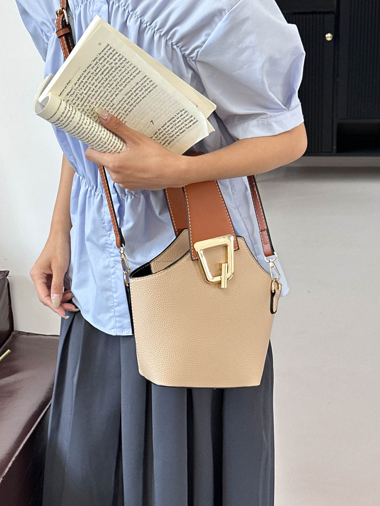 Khaki Crossbody Bag with Buckle Detail