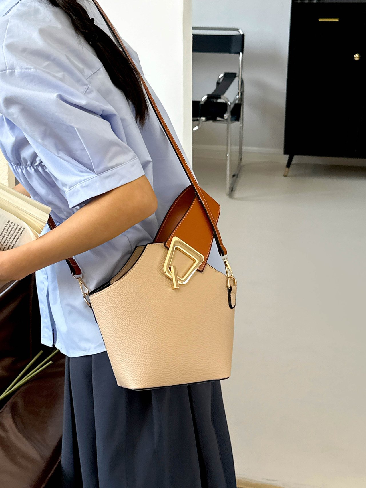Khaki Crossbody Bag with Buckle Detail