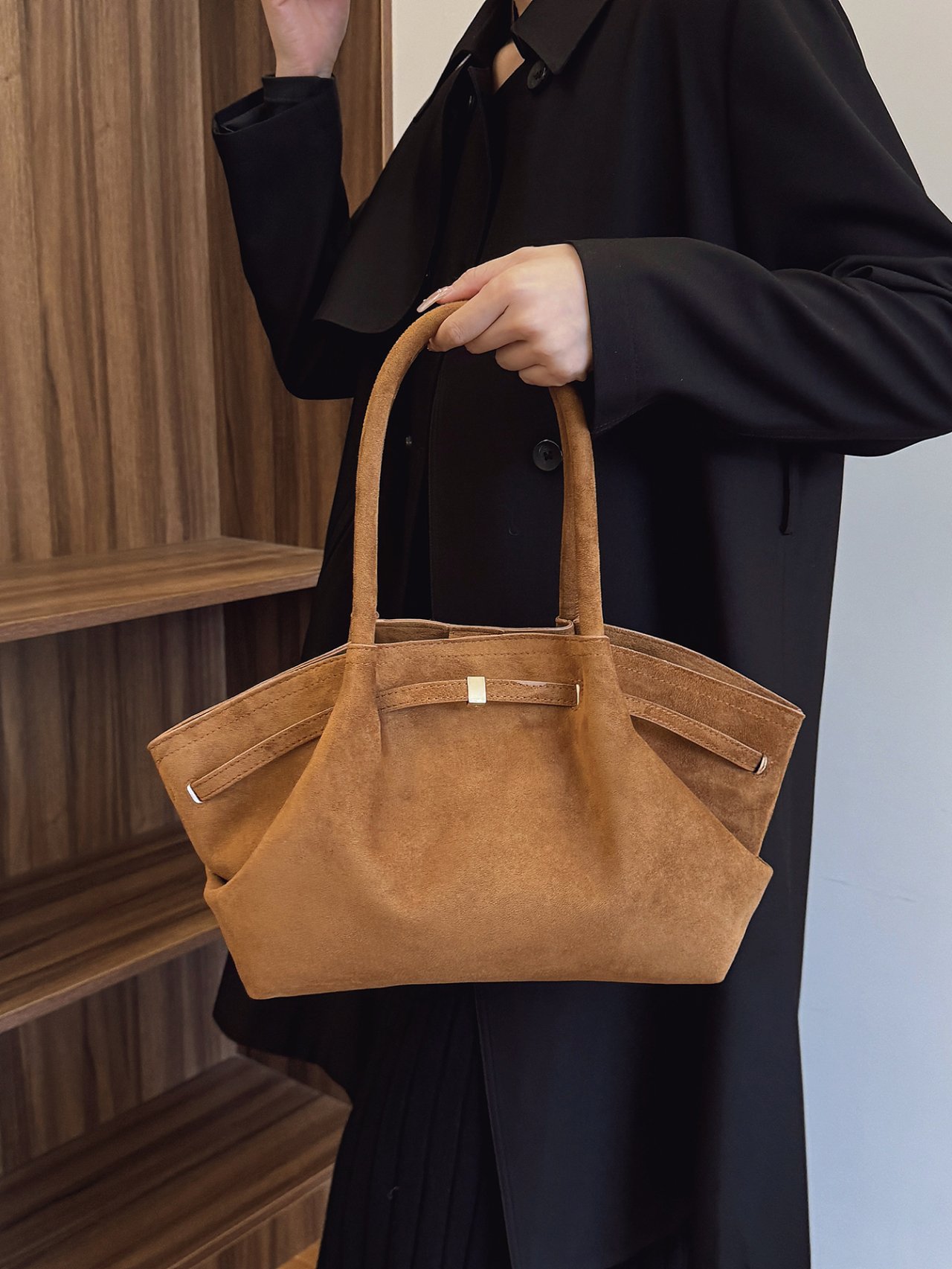 Khaki Suede Look Tote Handbag