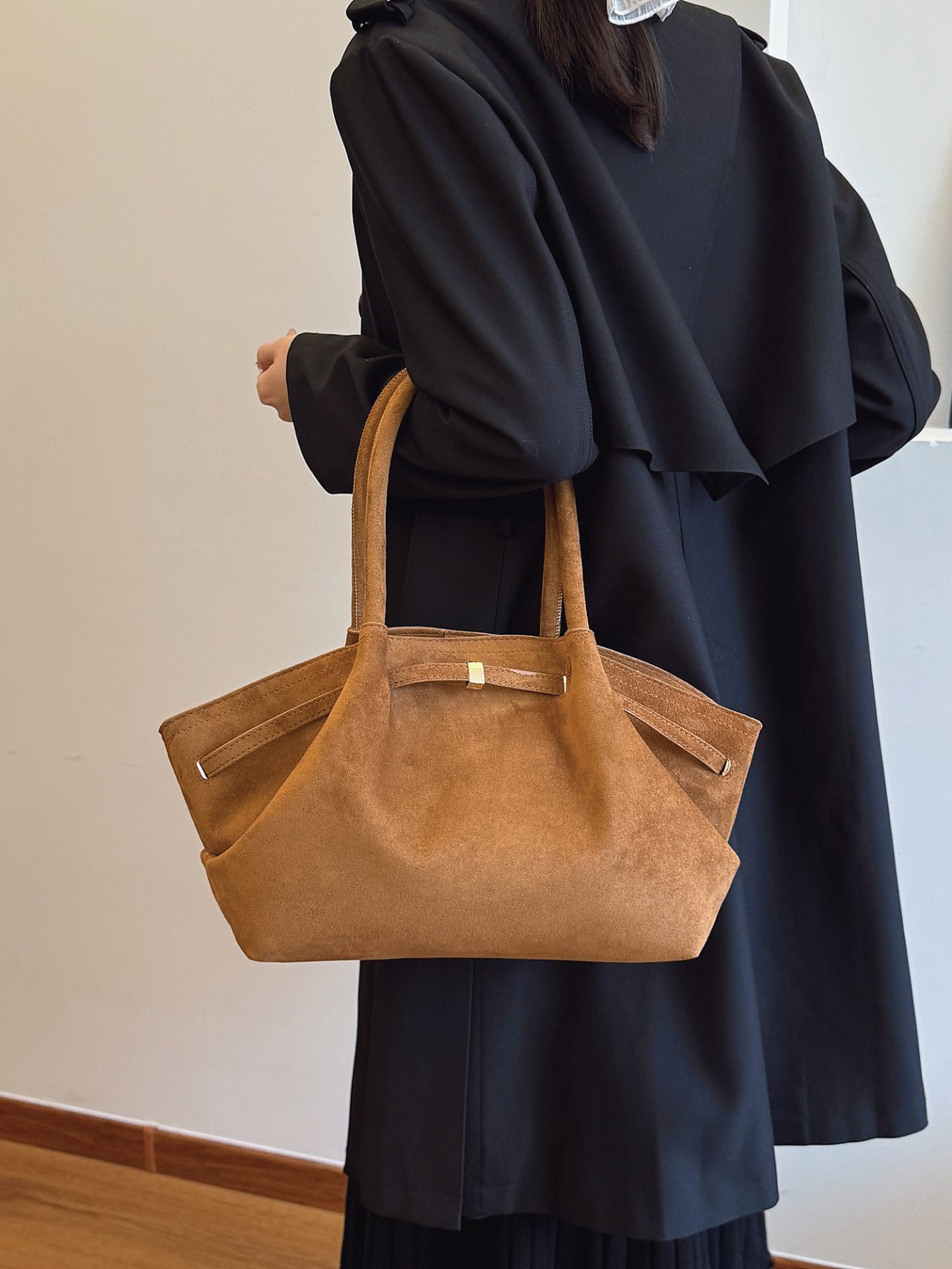 Khaki Suede Look Tote Handbag