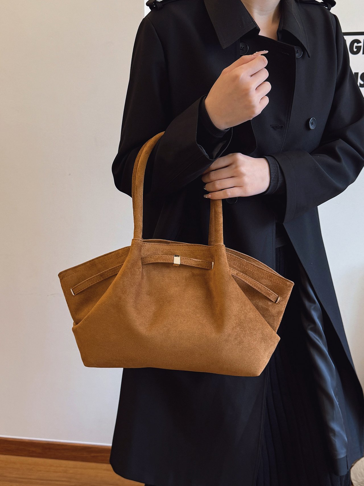 Khaki Suede Look Tote Handbag
