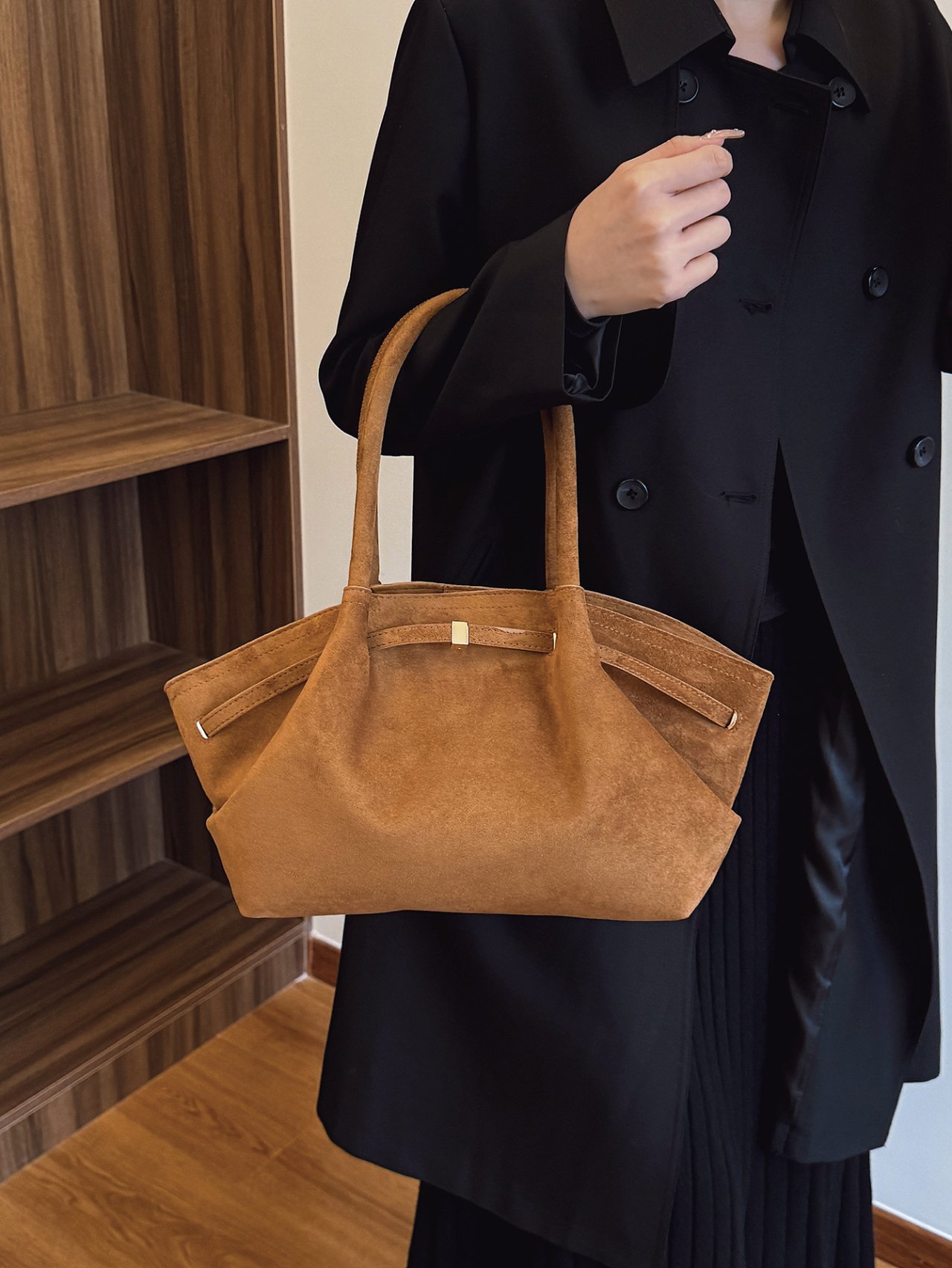 Khaki Suede Look Tote Handbag