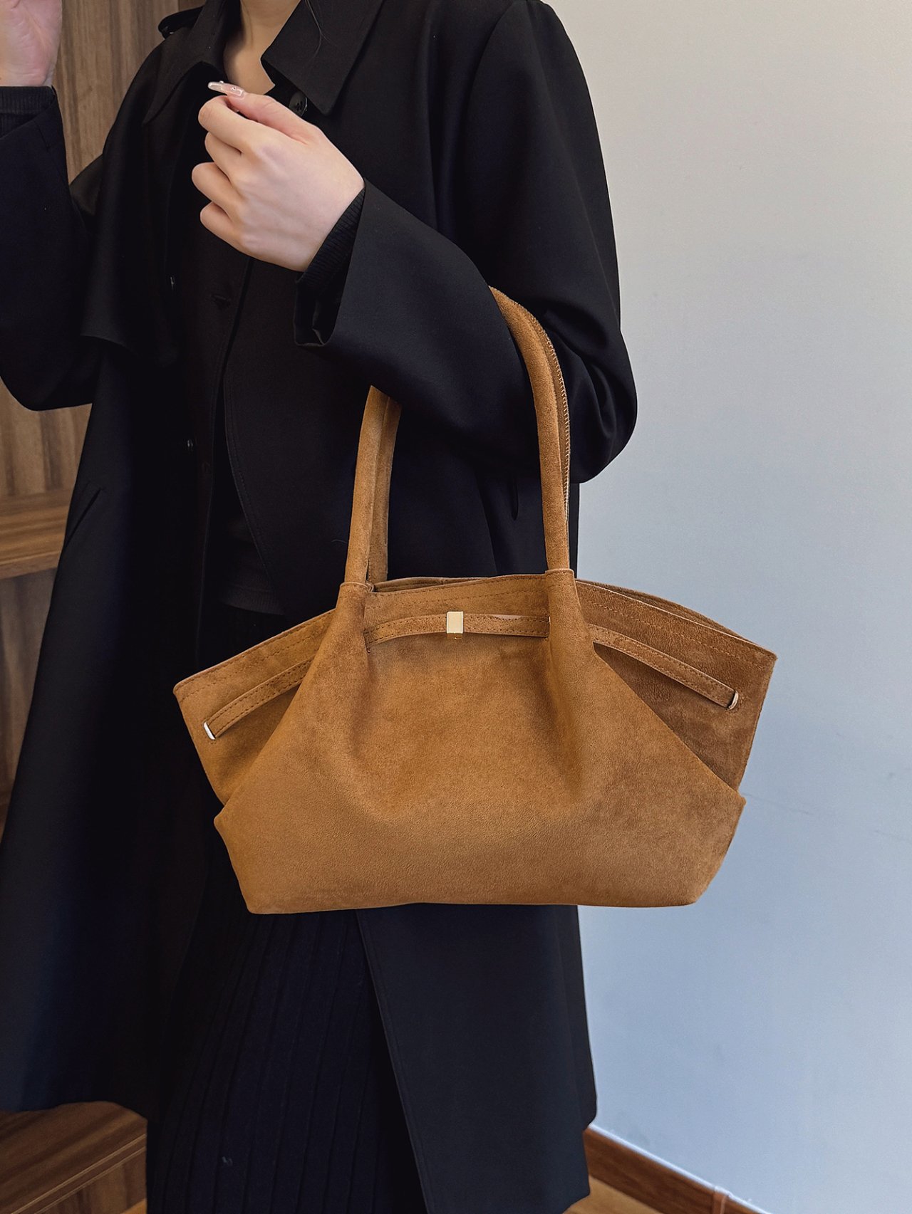 Khaki Suede Look Tote Handbag
