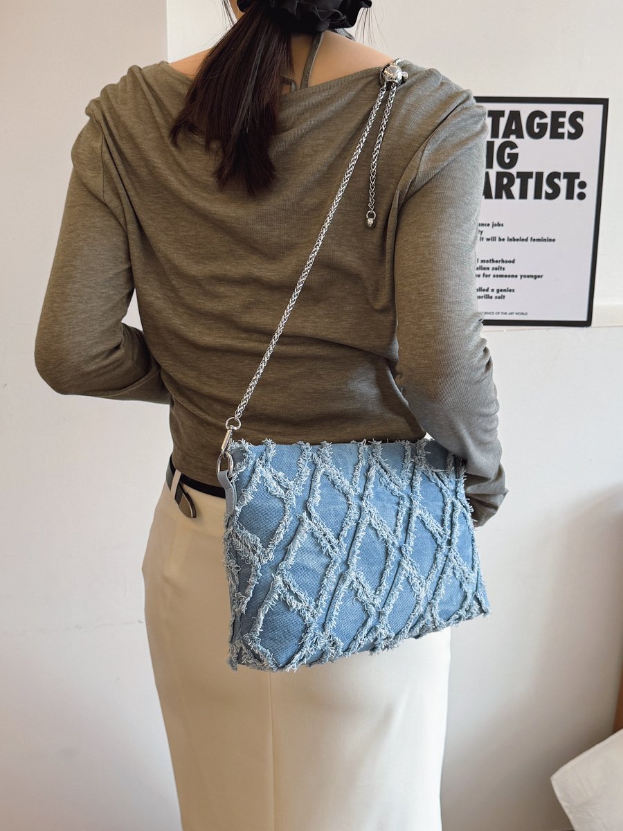 Denim Frayed Diamond Shoulder Bag