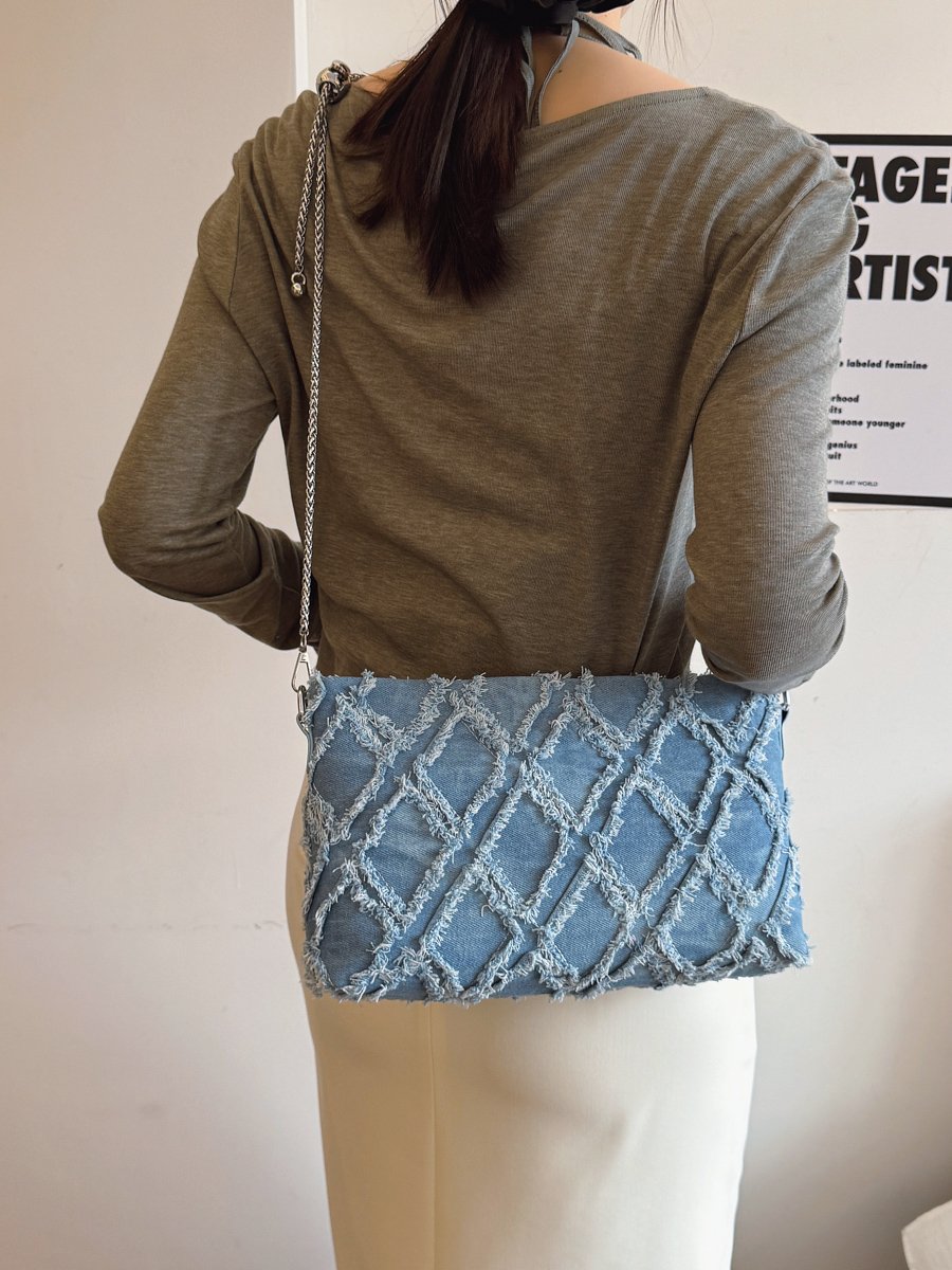 Denim Frayed Diamond Shoulder Bag