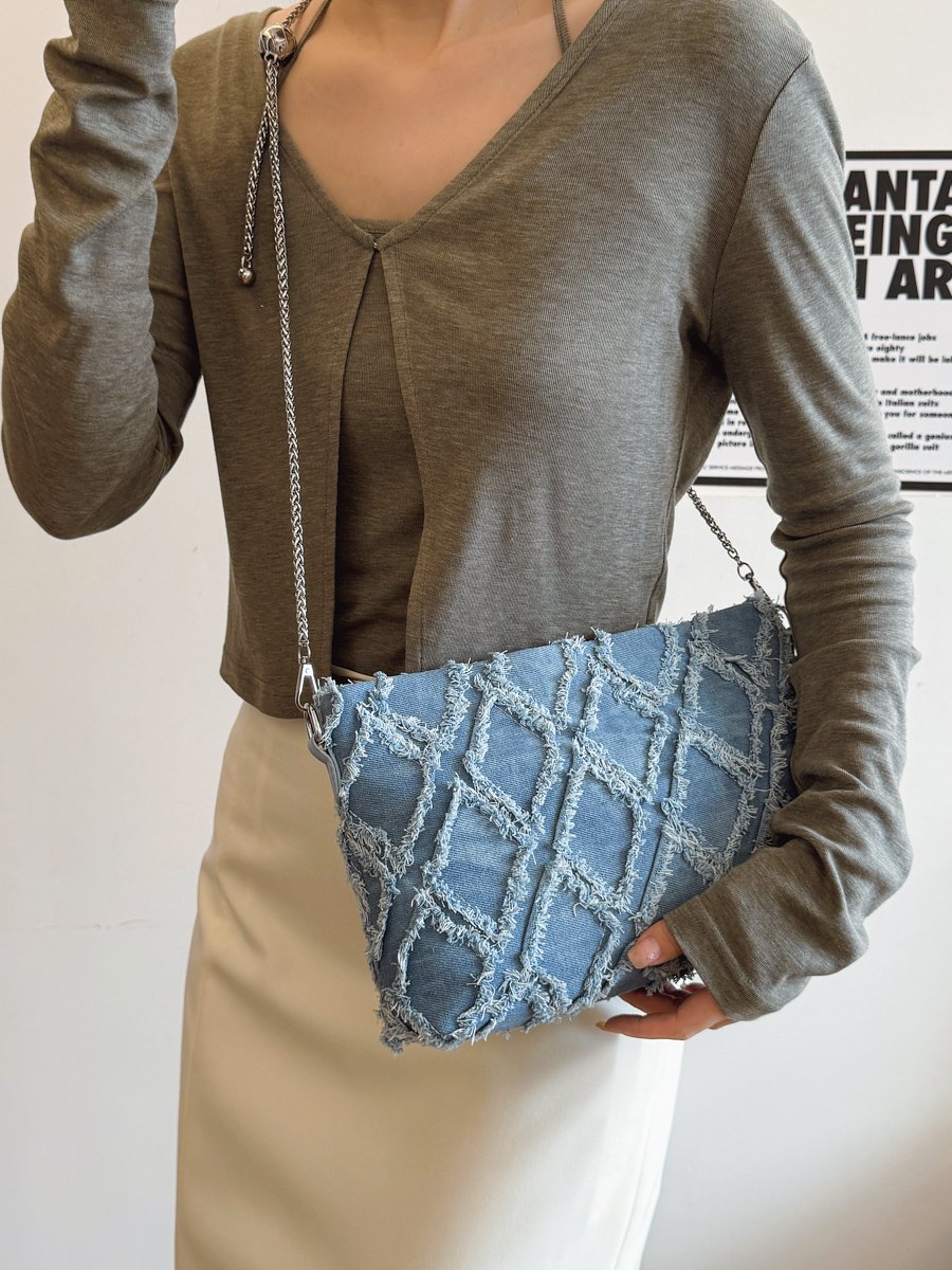 Denim Frayed Diamond Shoulder Bag