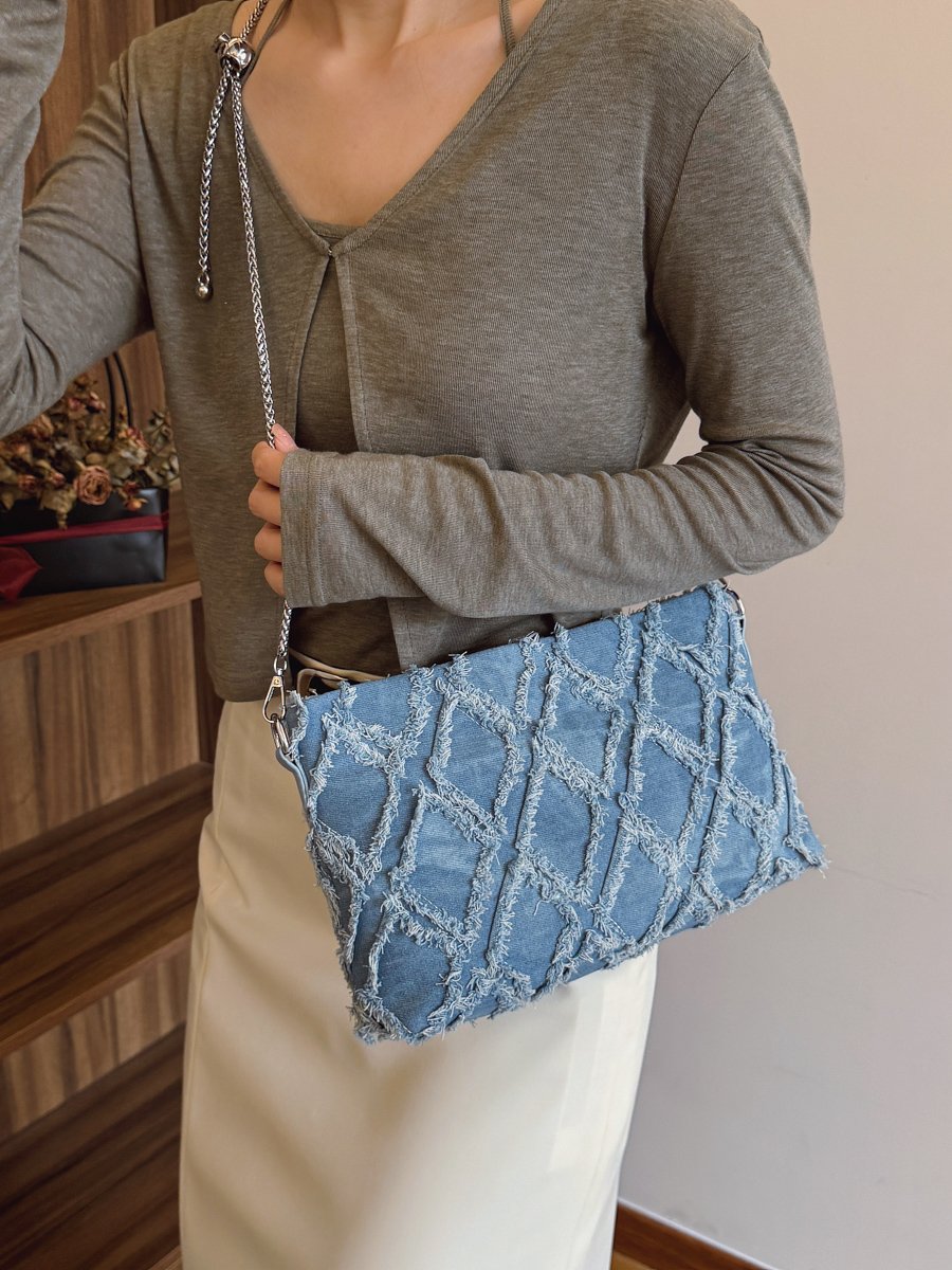 Denim Frayed Diamond Shoulder Bag
