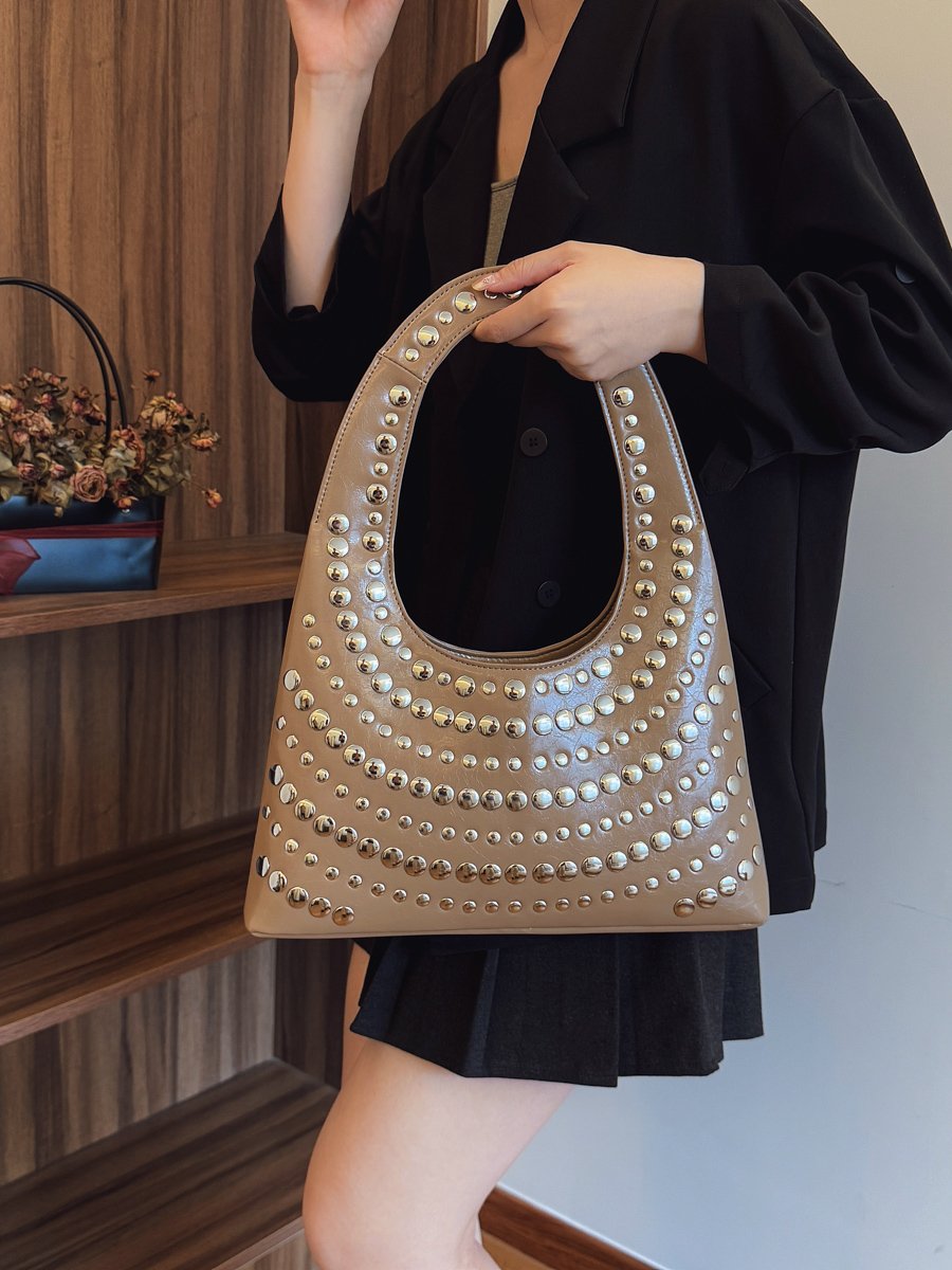 Khaki Studded Crescent Shoulder Bag