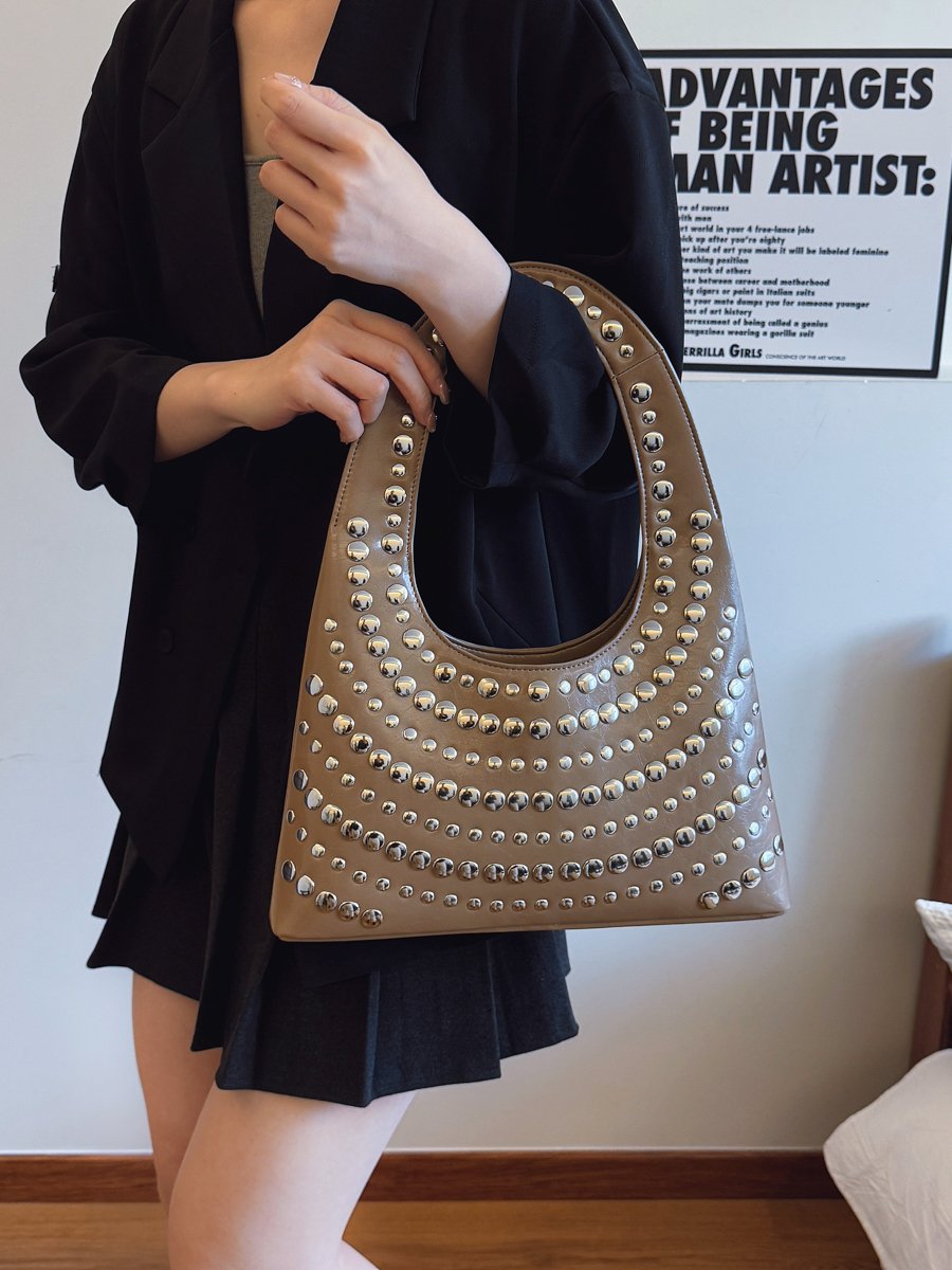 Khaki Studded Crescent Shoulder Bag