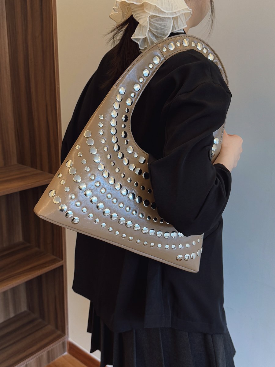 Khaki Studded Crescent Shoulder Bag