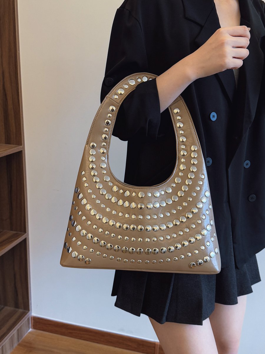 Khaki Studded Crescent Shoulder Bag