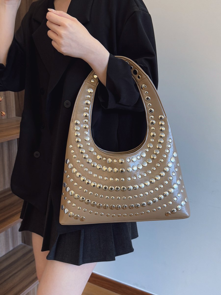 Khaki Studded Crescent Shoulder Bag