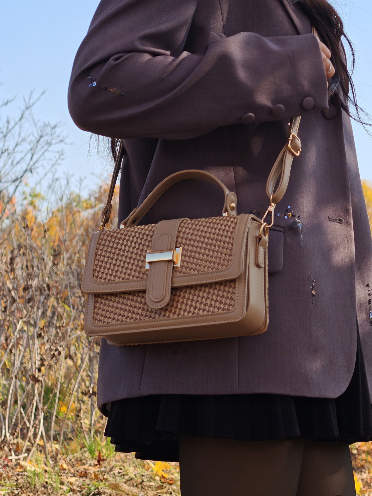 Khaki Woven Texture Crossbody Bag