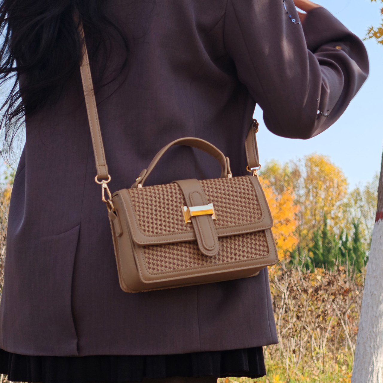 Khaki Woven Texture Crossbody Bag