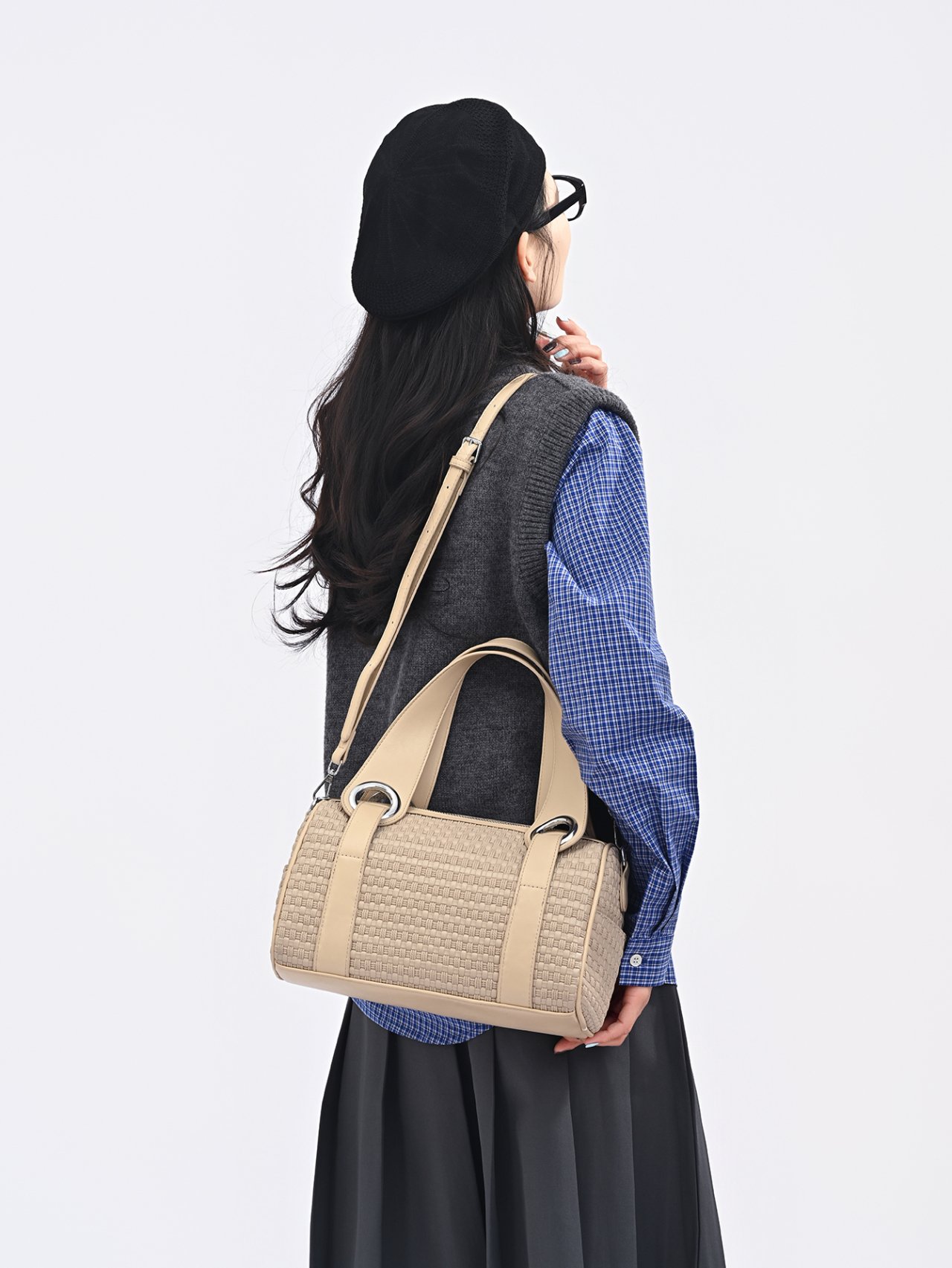 Khaki Textured Shoulder Bag with Adjustable Strap