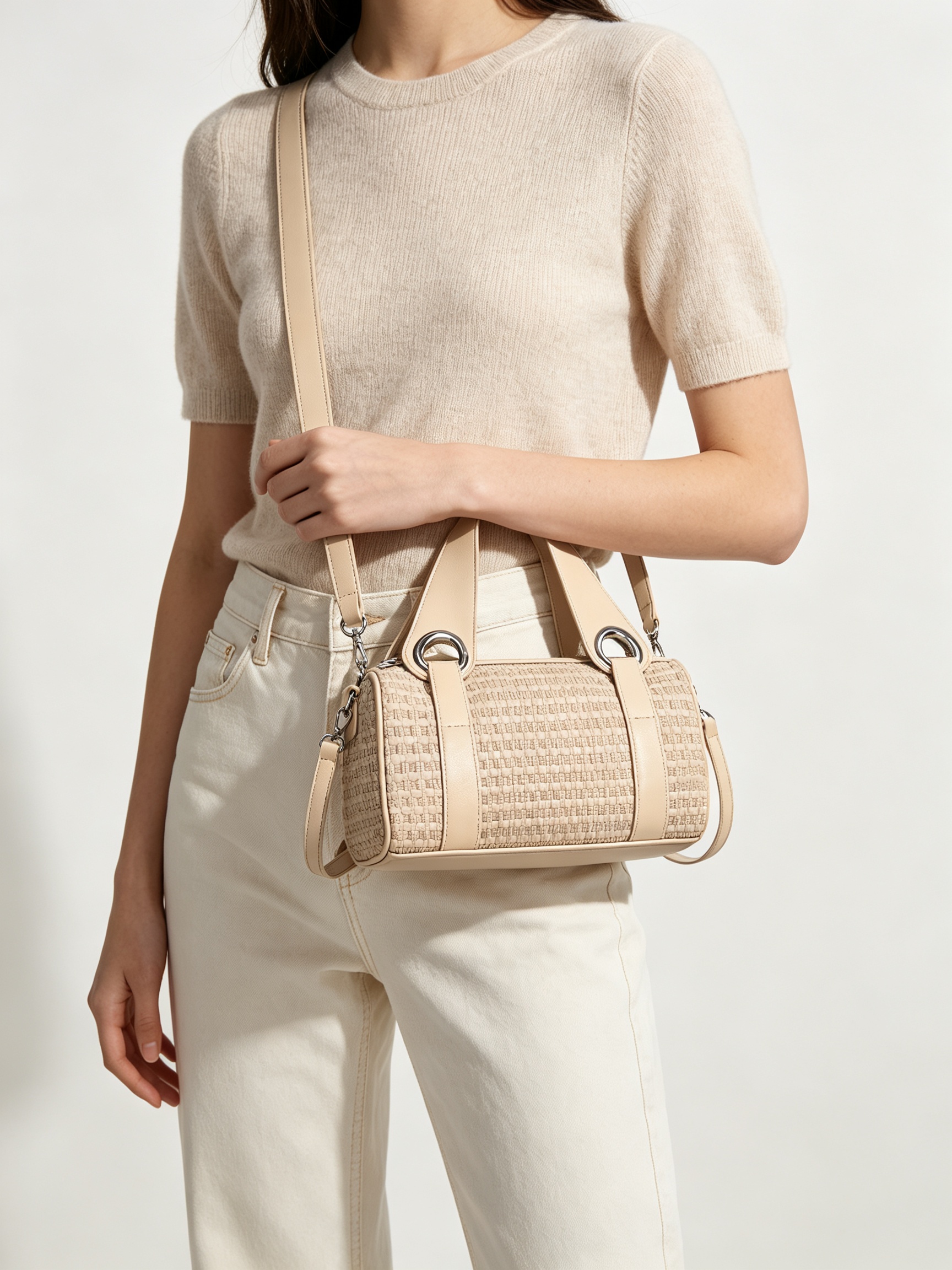 Khaki Textured Shoulder Bag with Adjustable Strap