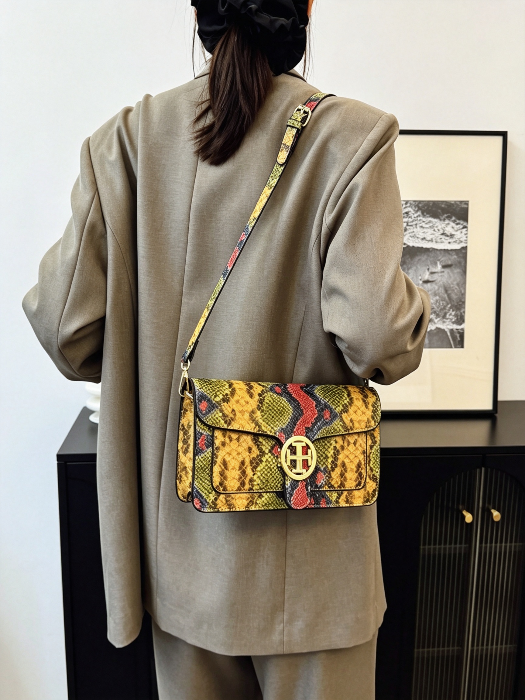 Khaki Animal Print Crossbody Bag with Gold Hardware