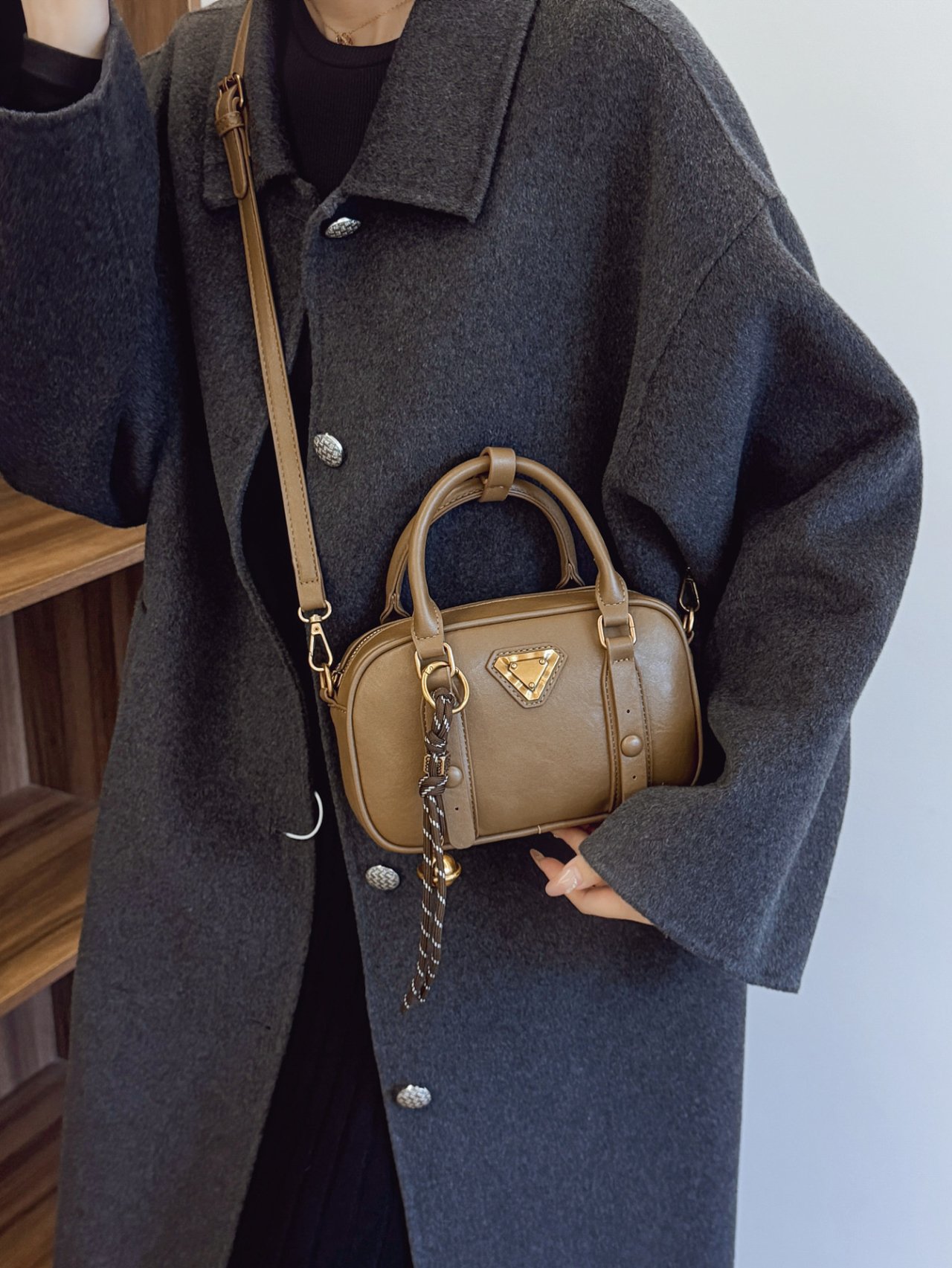 Khaki Crossbody Bag with Top Handle