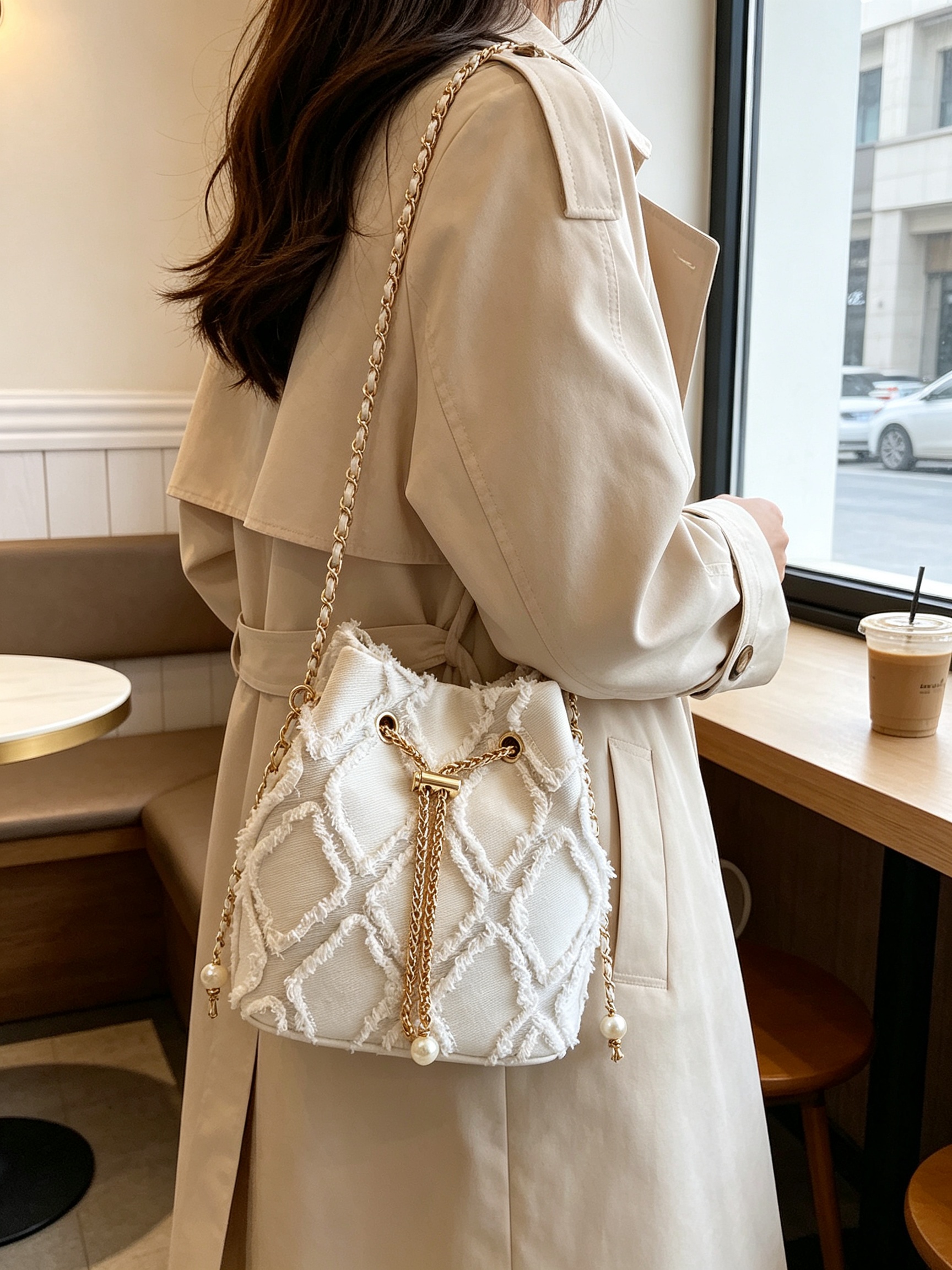 Off-White Quilted Crossbody Bag with Pearl Accent