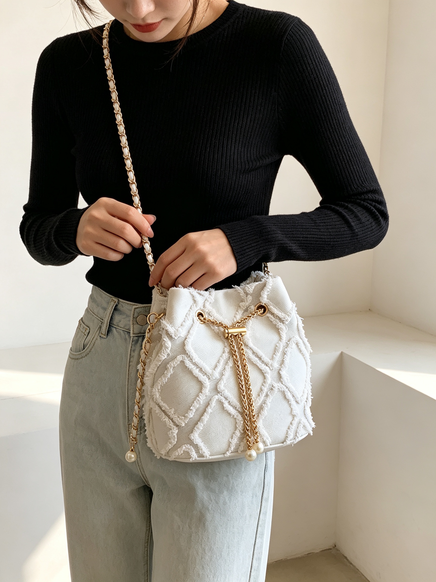Off-White Quilted Crossbody Bag with Pearl Accent