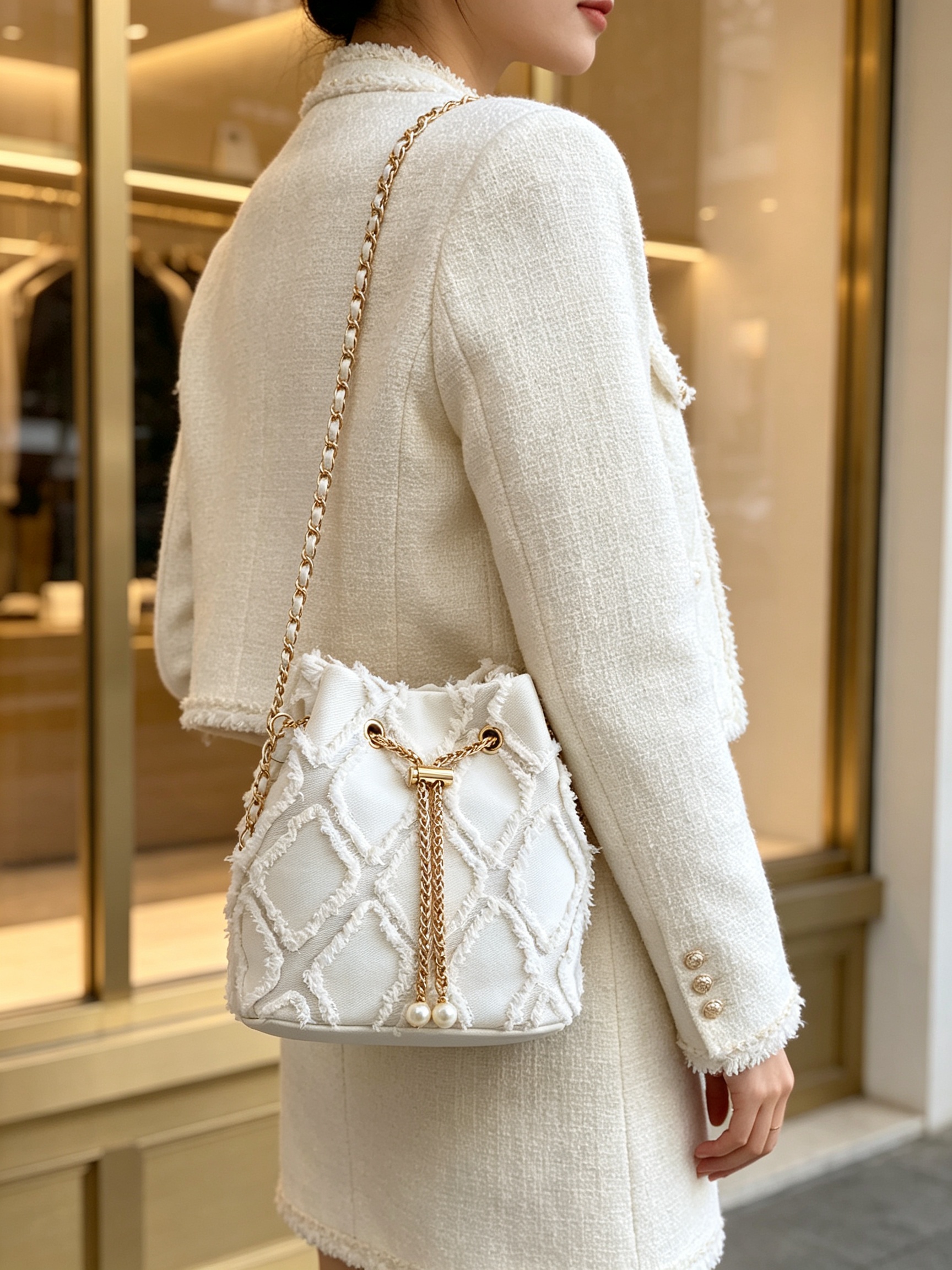 Off-White Quilted Crossbody Bag with Pearl Accent