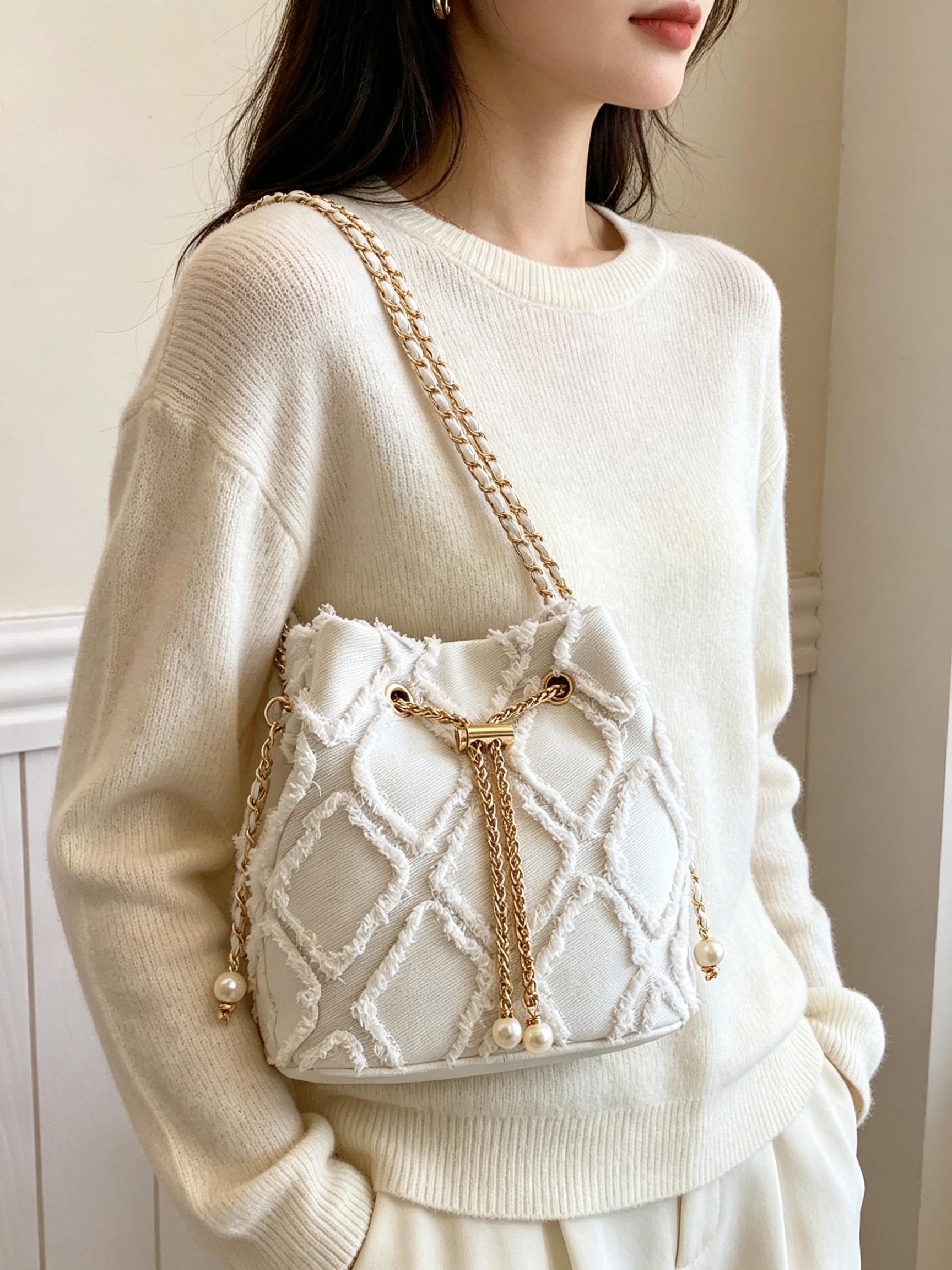 Off-White Quilted Crossbody Bag with Pearl Accent