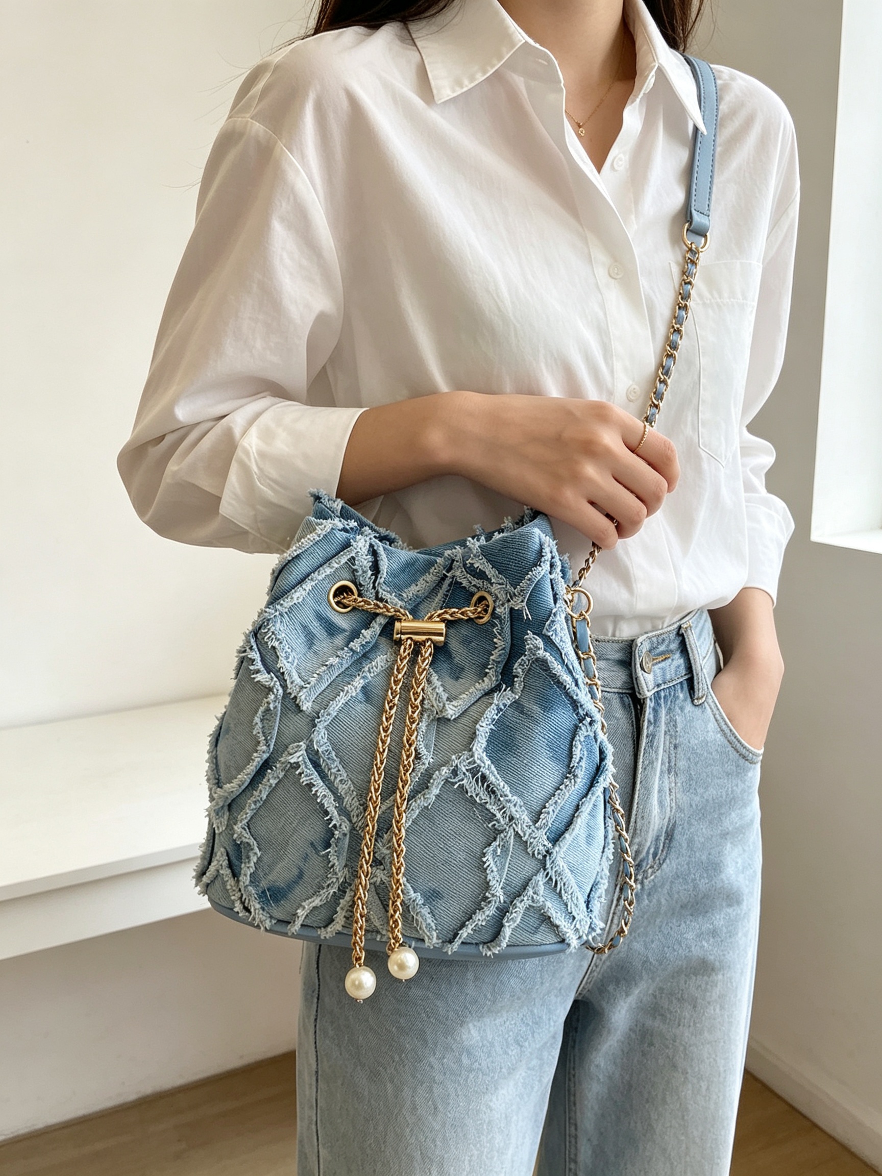 Denim Frayed Patchwork Crossbody Bag with Chain Strap