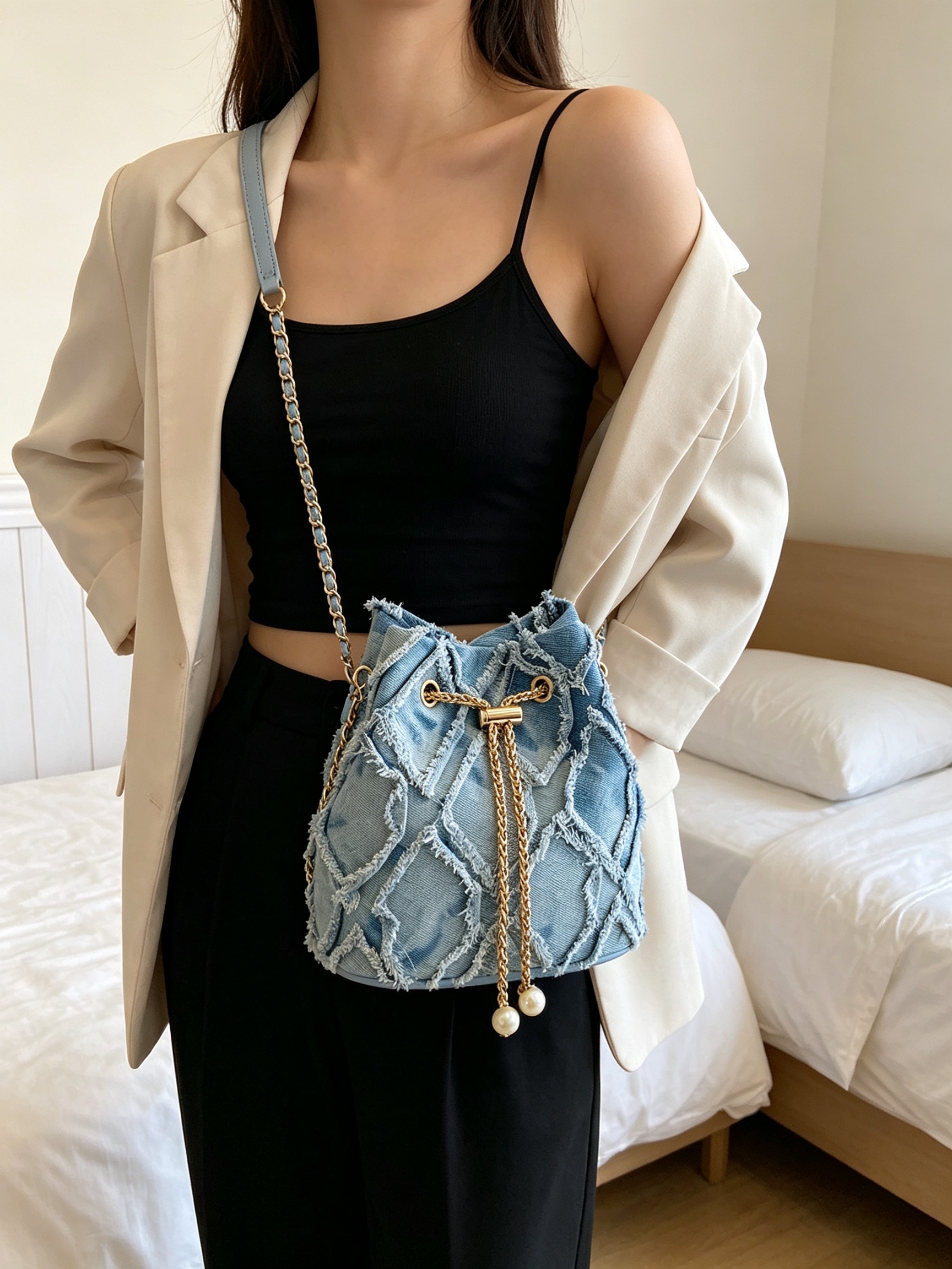 Denim Frayed Patchwork Crossbody Bag with Chain Strap