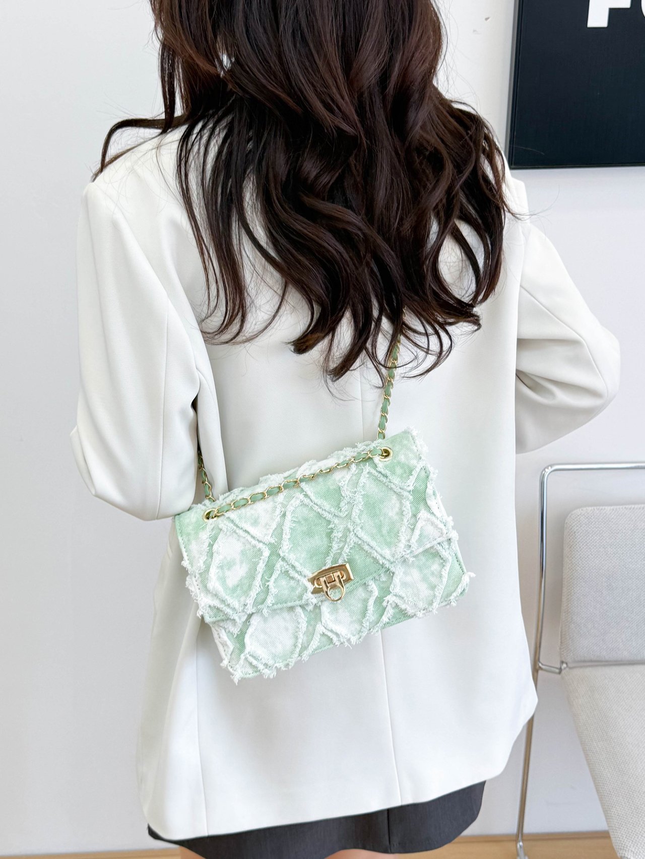 Mint Green Quilted Denim Crossbody Bag with Gold Chain