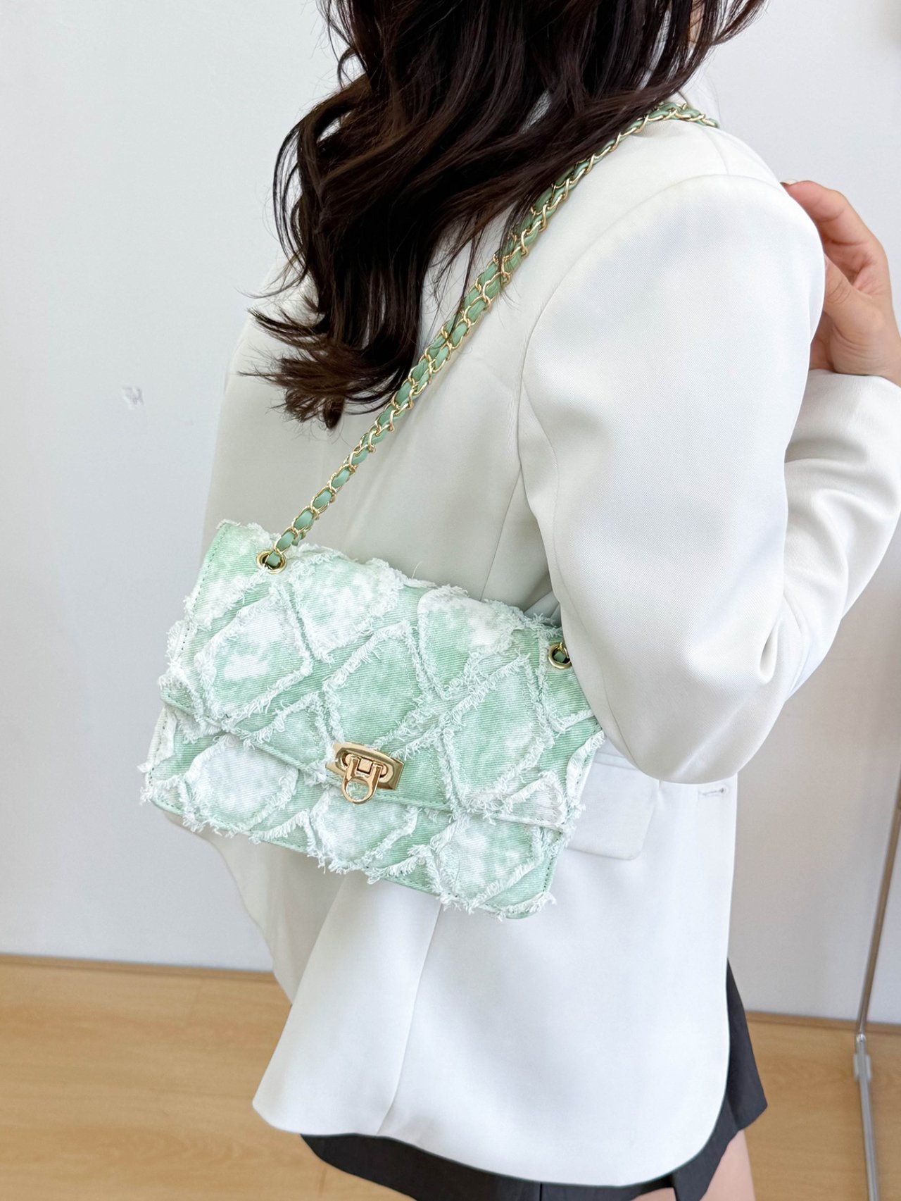 Mint Green Quilted Denim Crossbody Bag with Gold Chain