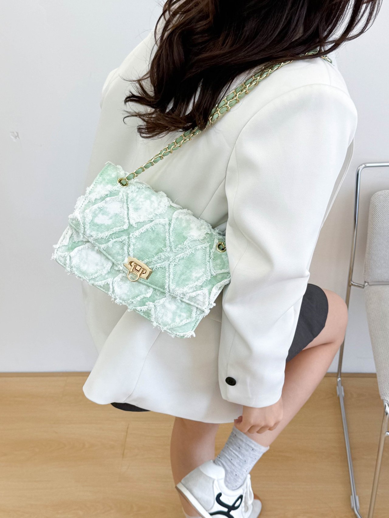 Mint Green Quilted Denim Crossbody Bag with Gold Chain