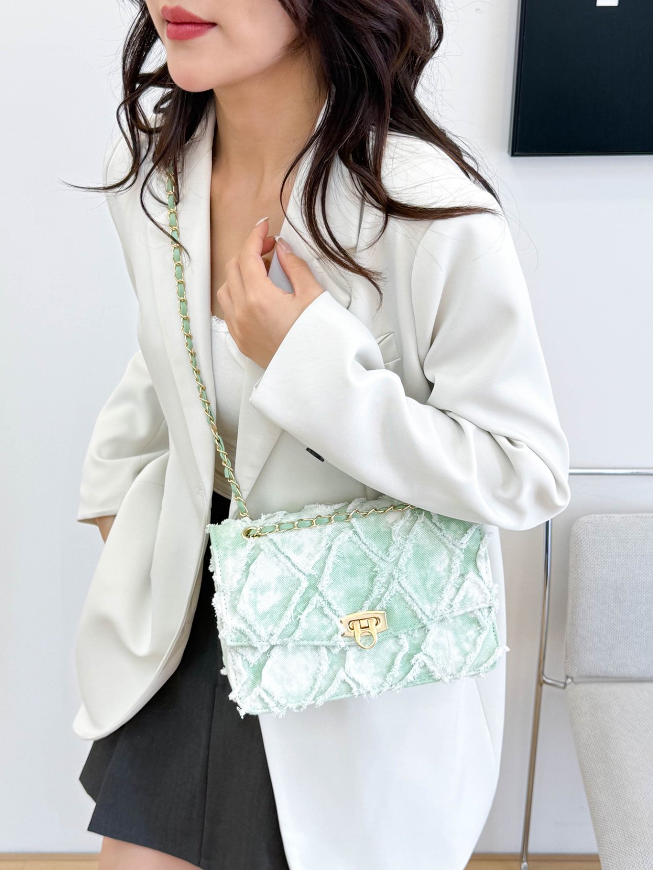 Mint Green Quilted Denim Crossbody Bag with Gold Chain
