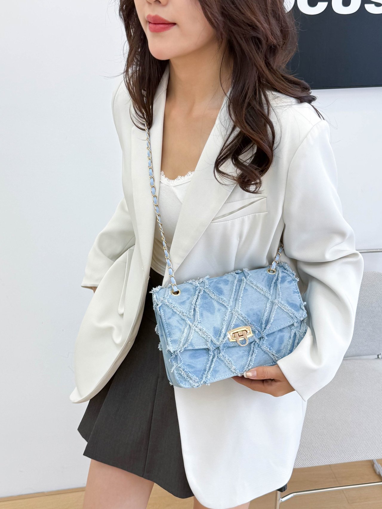Blue Denim Crossbody Bag with Chain Strap